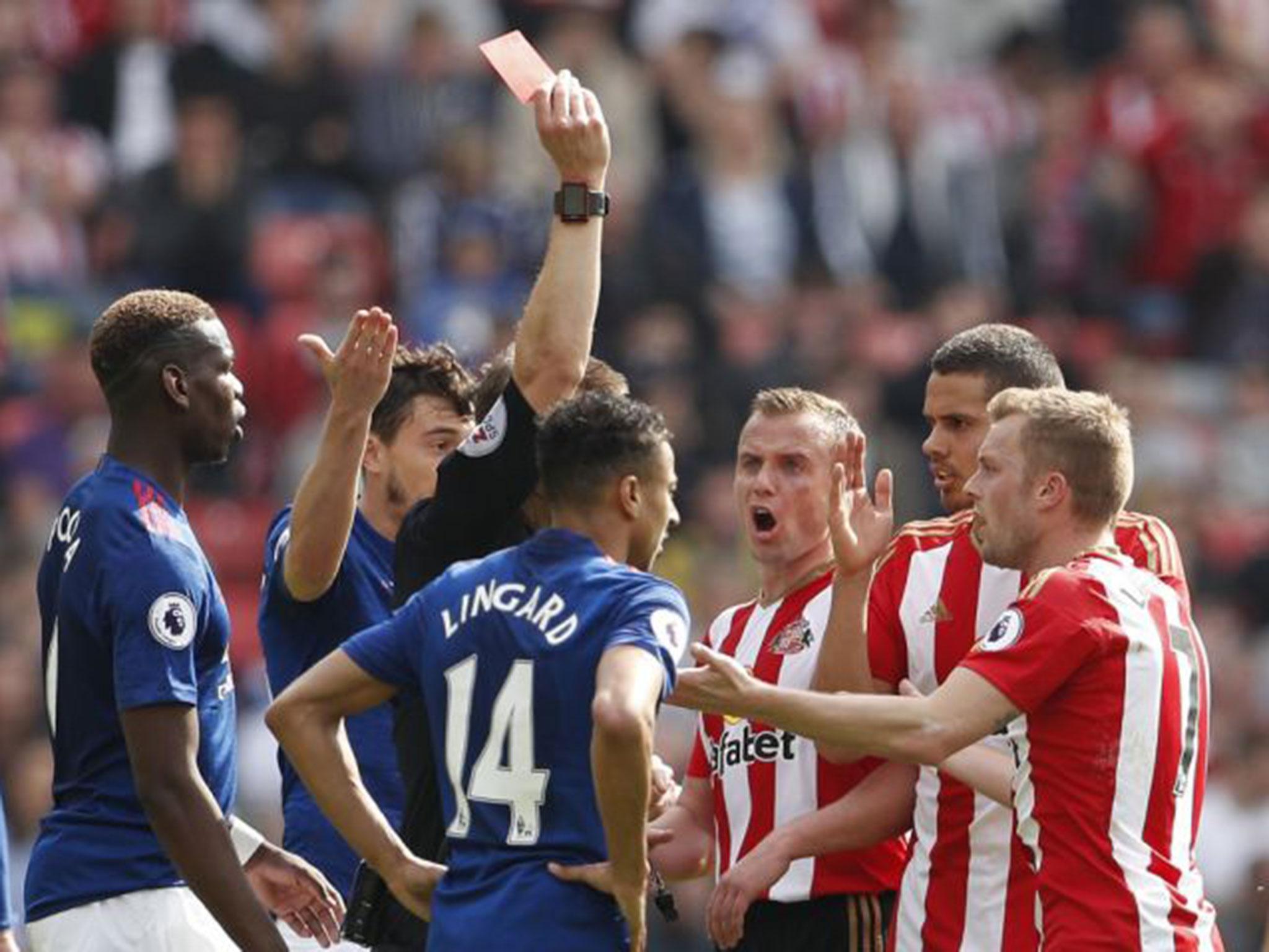 Sebastian Larsson was shown a straight red card for a foul on Ander Herrera