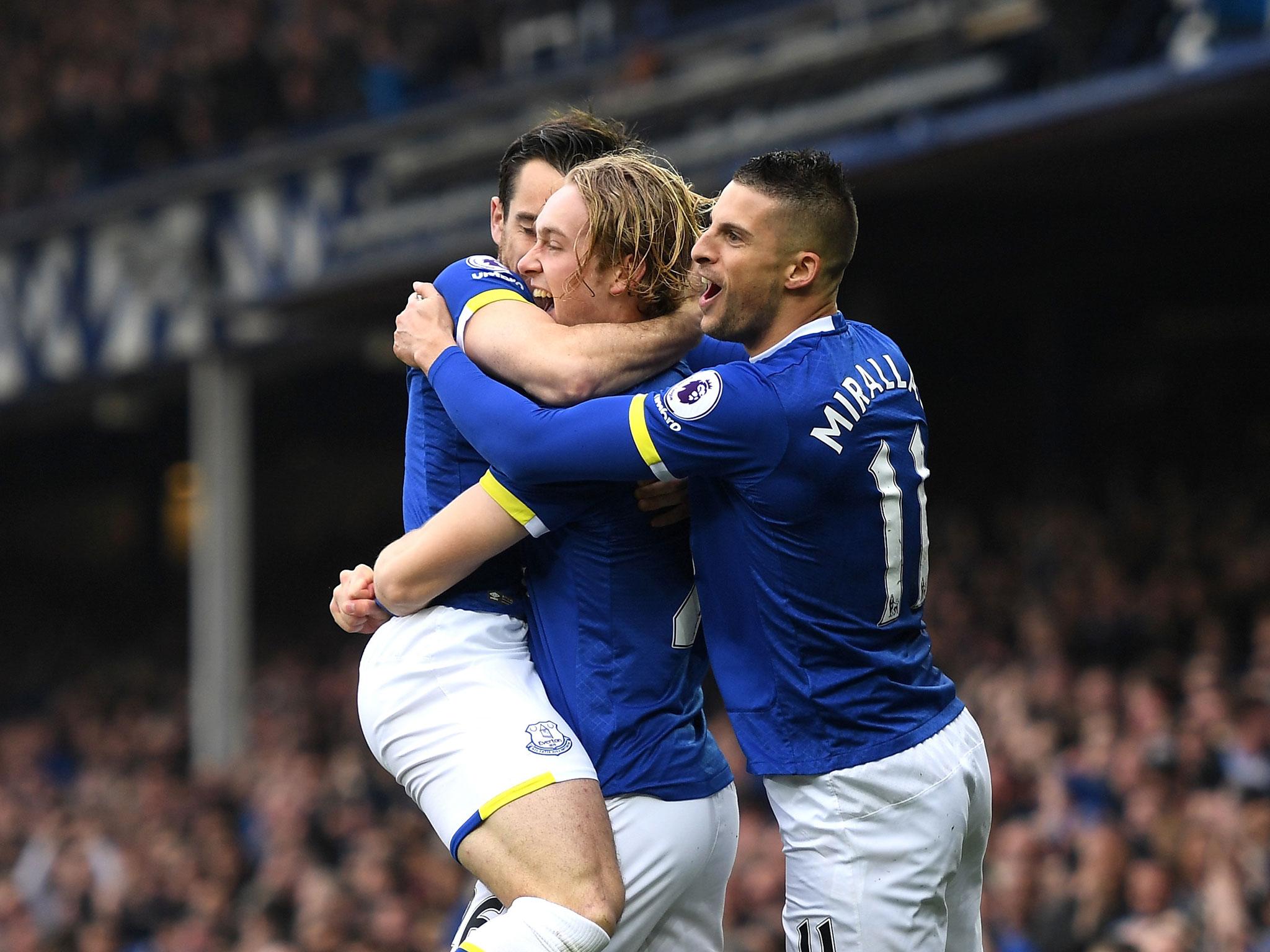 Tom Davies celebrates after opening the scoring for Everton after just 30 seconds