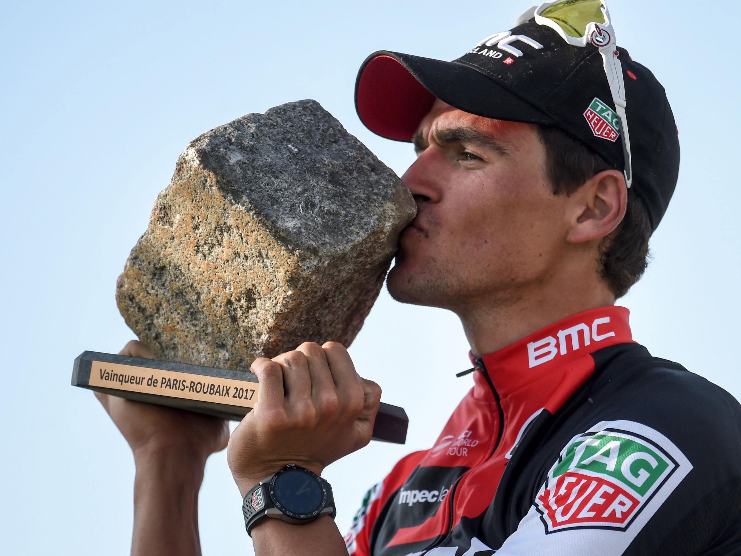 Van Avermaet kisses his trophy after winning the 115th Paris-Roubaix one-day classic