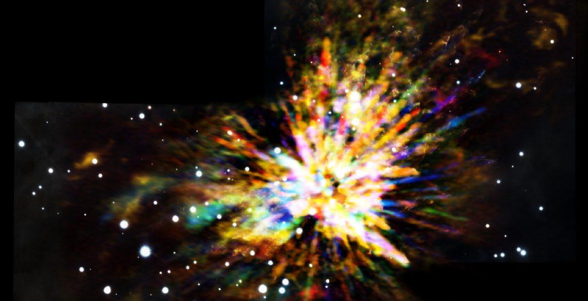 Composite image of the OMC-1 cloud in Orion showing the sometimes explosive nature of star birth, when several young stars were ejected from the region. The colors in the ALMA data represent the relative Doppler shifting of the millimeter-wavelength light emitted by carbon monoxide gas. The ALMA image is combined with a near infrared image from the Gemini South telescope showing shock waves produced by the explosion