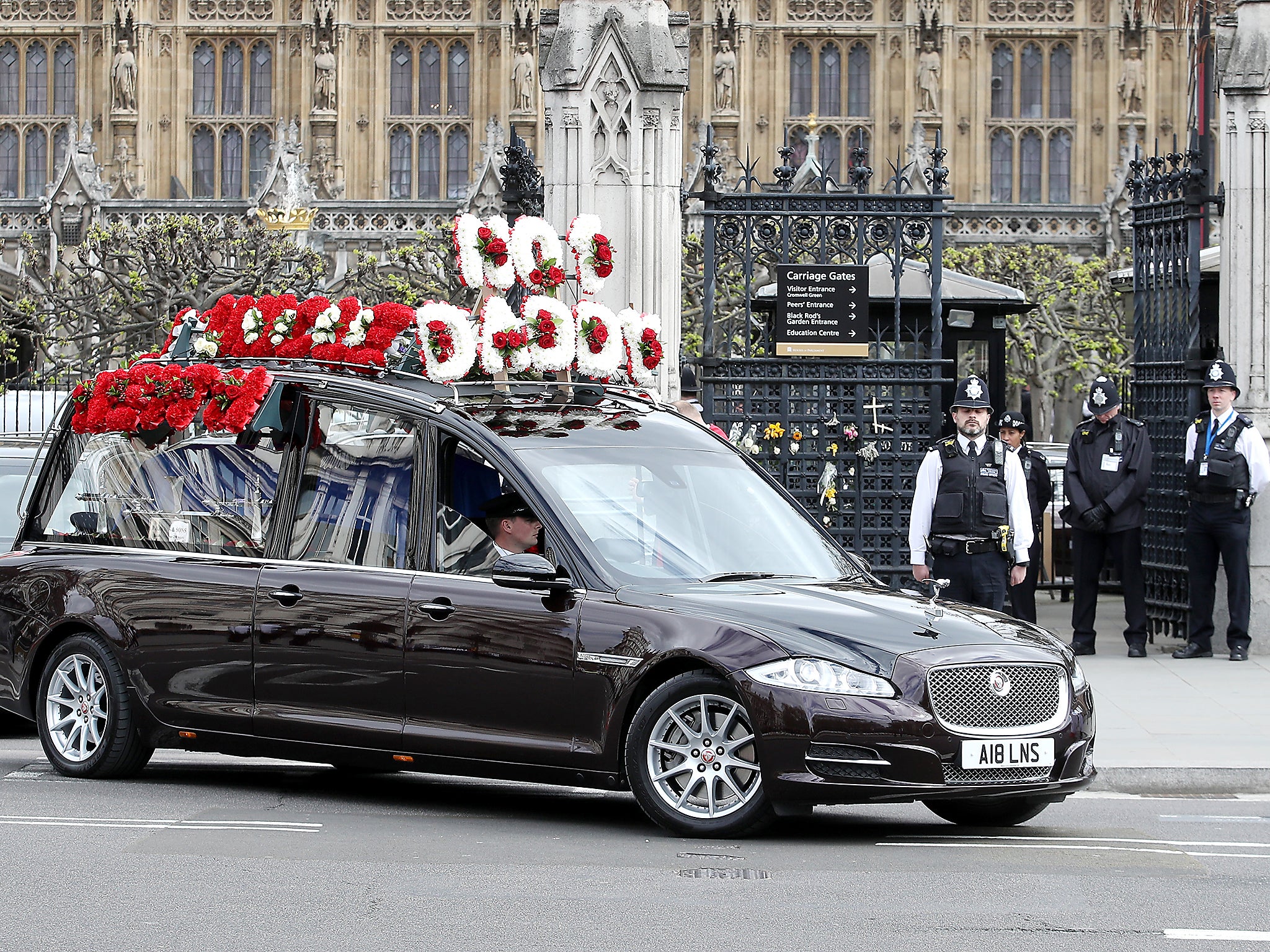 The funeral cortege of PC Keith Palmer makes its way from The Palace of Westminster to Southwark Cathedral (Getty)