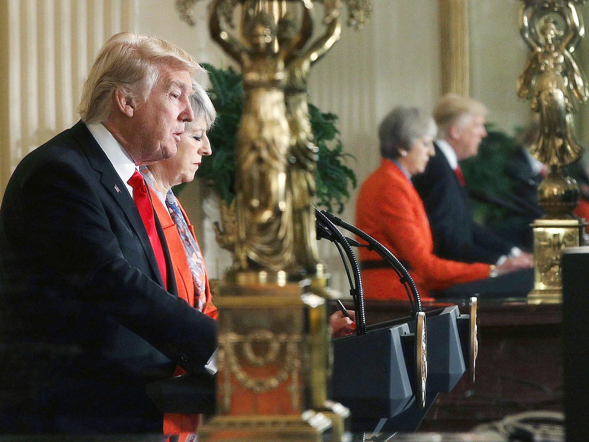 Theresa May with one of our major post-Brexit trading partners. Not for him those pesky EU food safety regulations