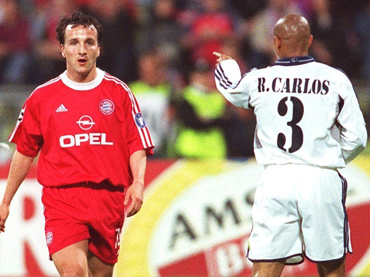 Roberto Carlos shouts at Jens Jeremies during a match in the 2000/01 Champions League