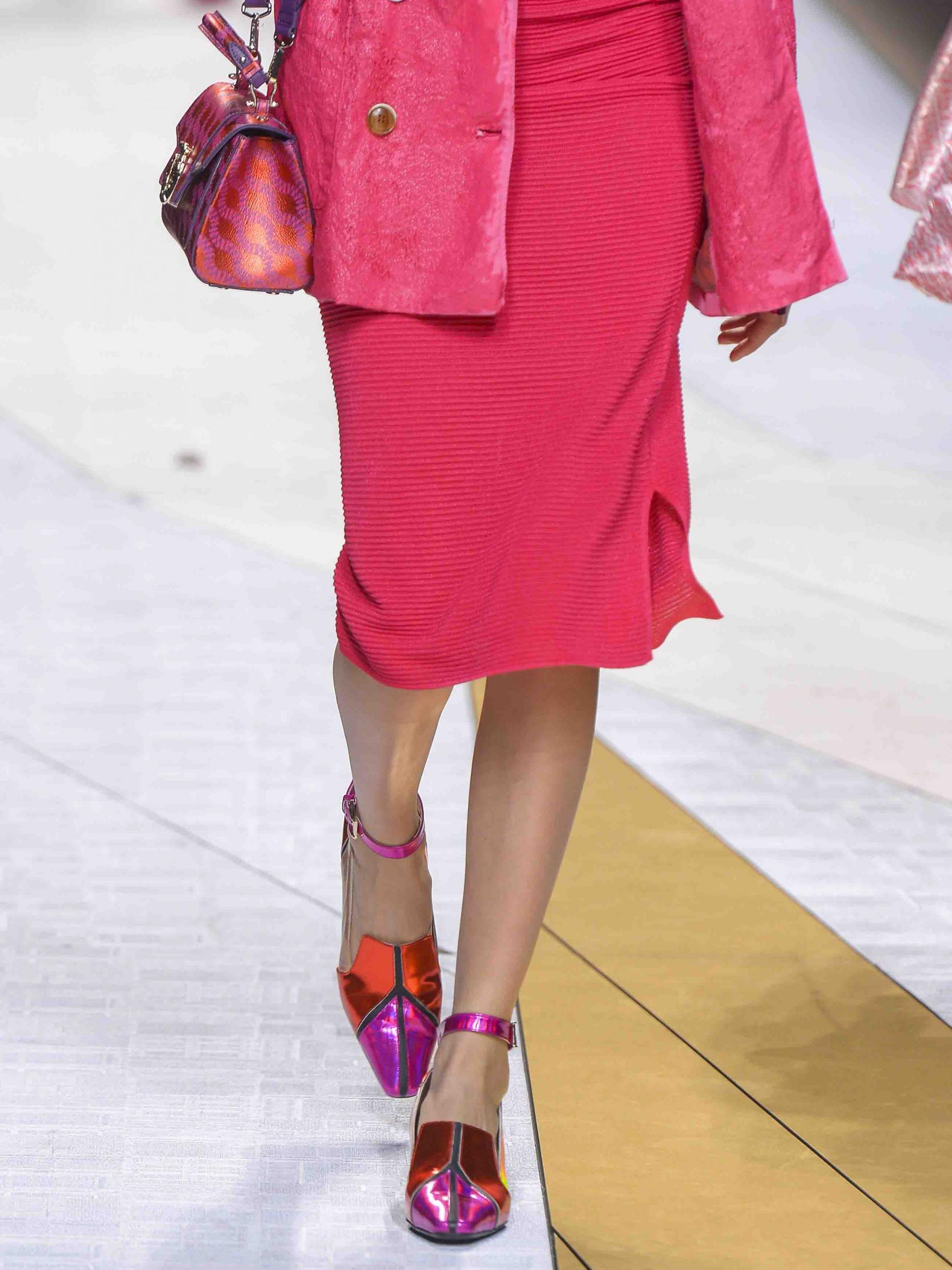 Trussardi intensified an already vivid collection with gaudy hot pink and red metallic square toe sandals