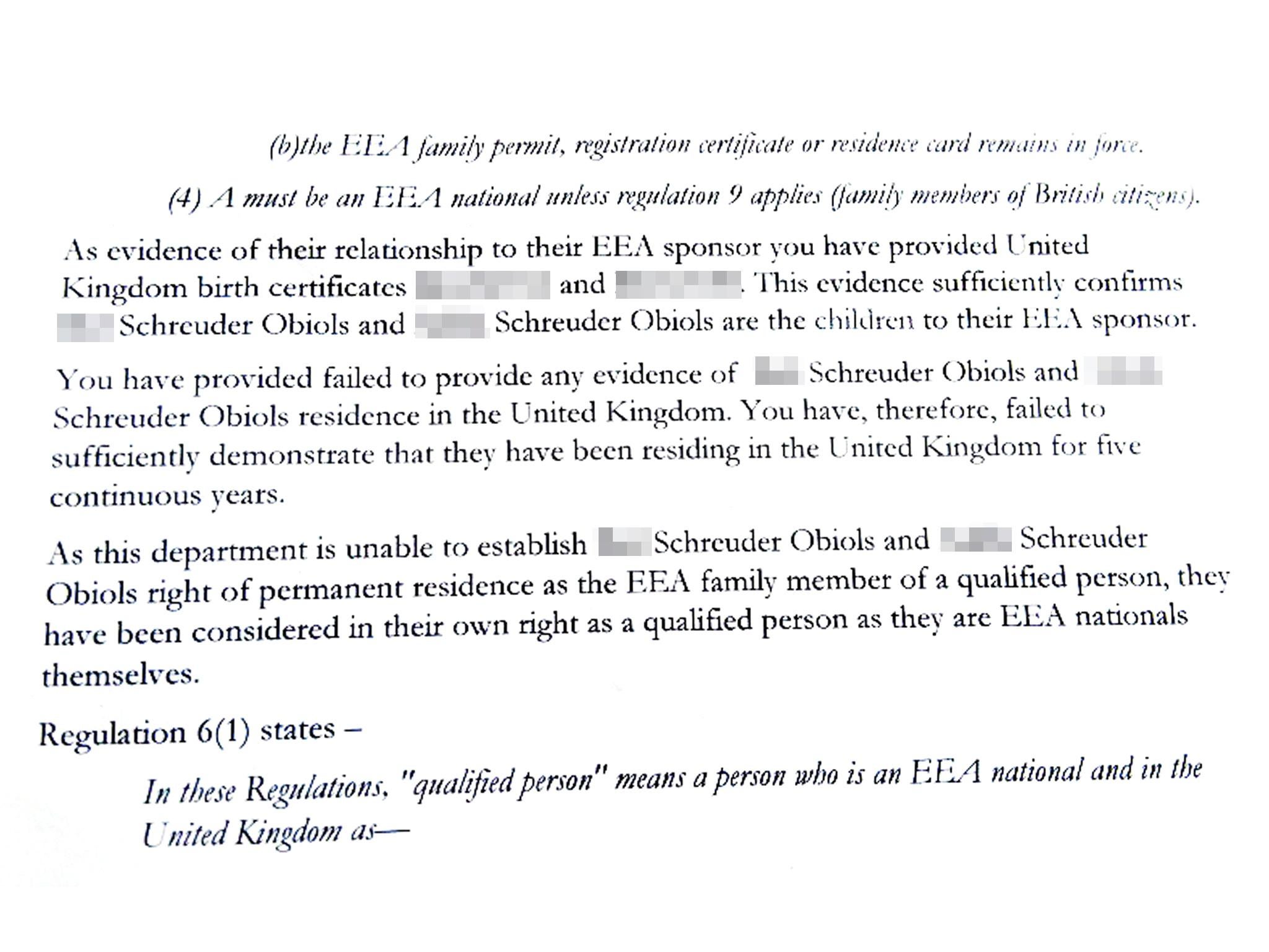 &#13;
Home Office response to Mr Schreuder and Ms Obiols' children's PR applications &#13;