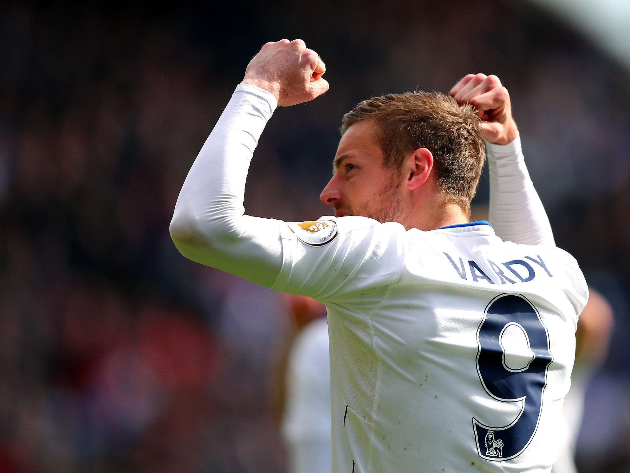 Vardy celebrates after scoring against Crystal Palace