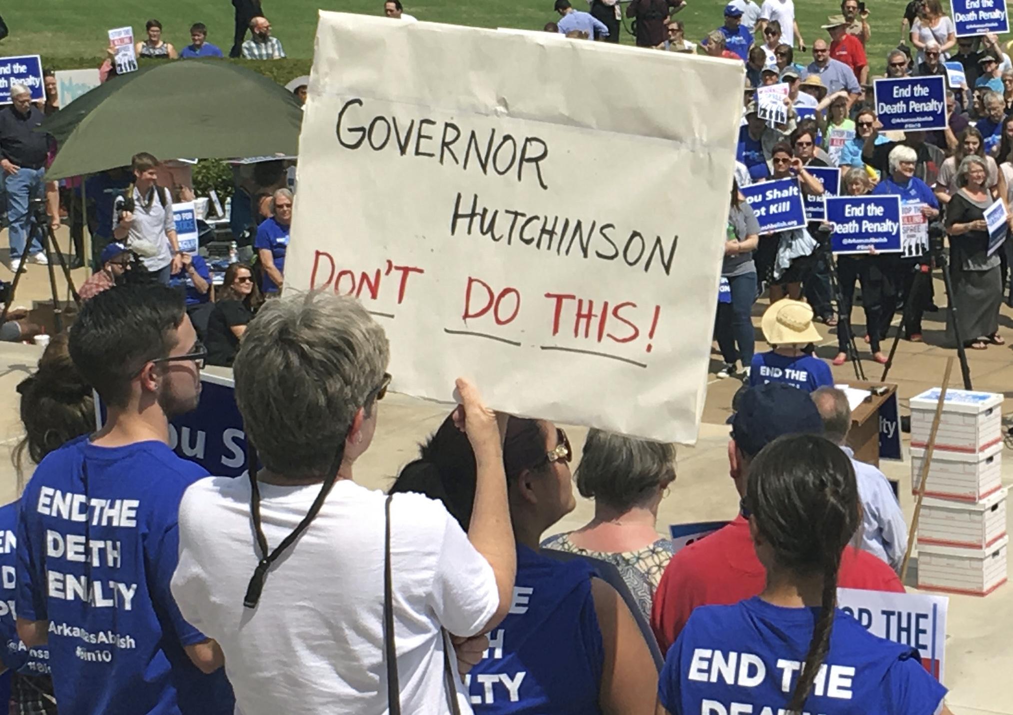 Protesters gather outside the state Capitol building in Little Rock, Arkansas to protest the planned executions (Kelly P. Kissel/AP)