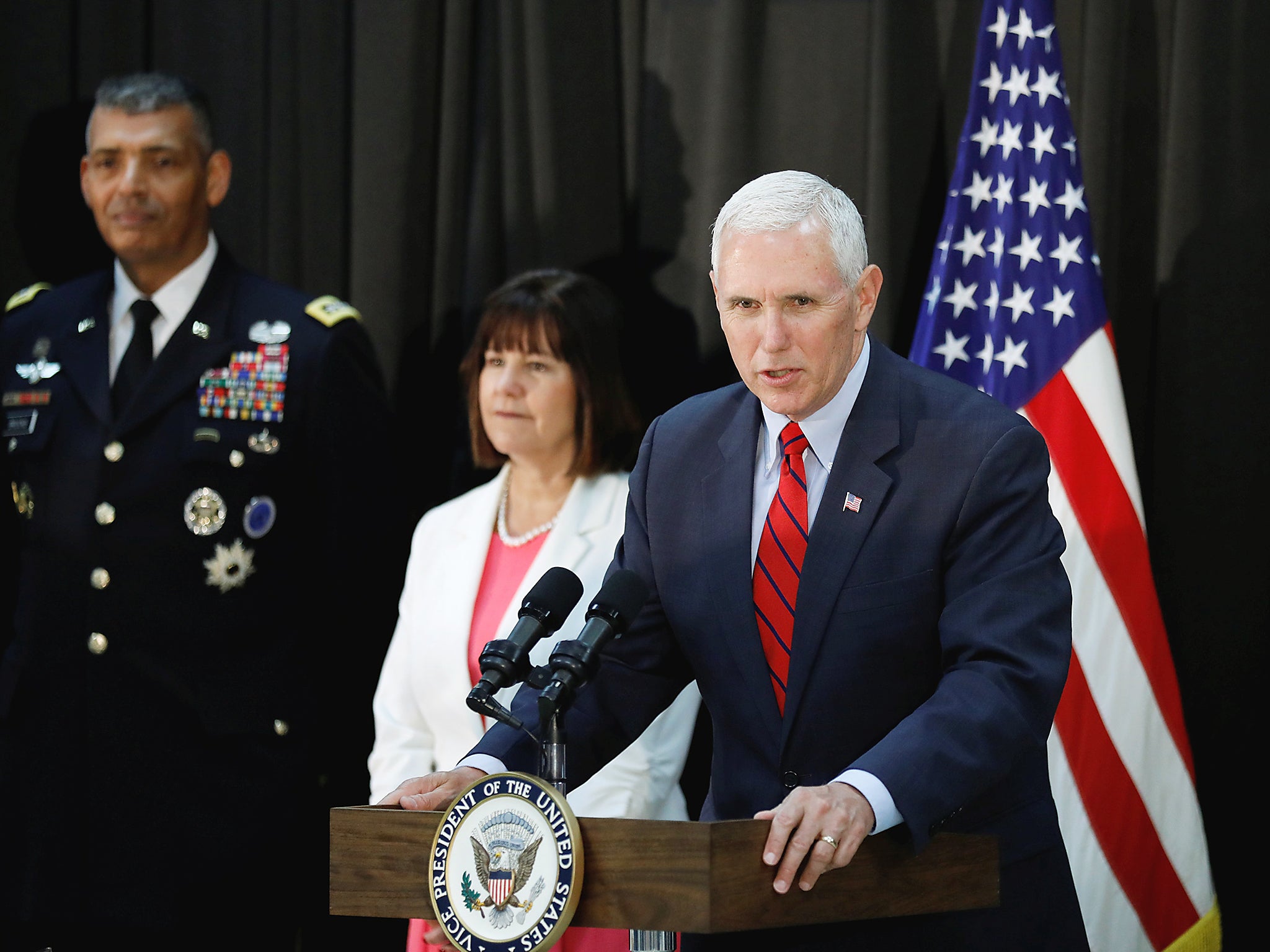 &#13;
US Vice President Mike Pence speaks during an Easter fellowship dinner at a military base in Seoul on Sunday &#13;