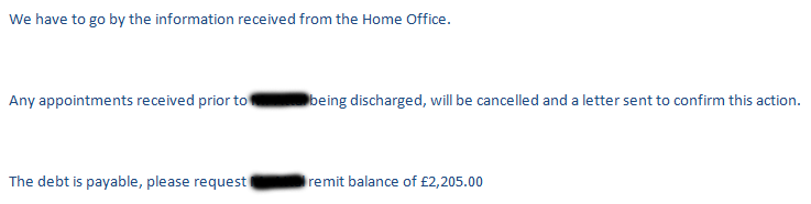 Initial email response from BHR Hospitals to caseworker Debbie Rea when she disputed the bills made payable to a male asylum seeker for medical treatment, sent on 30 January 2017