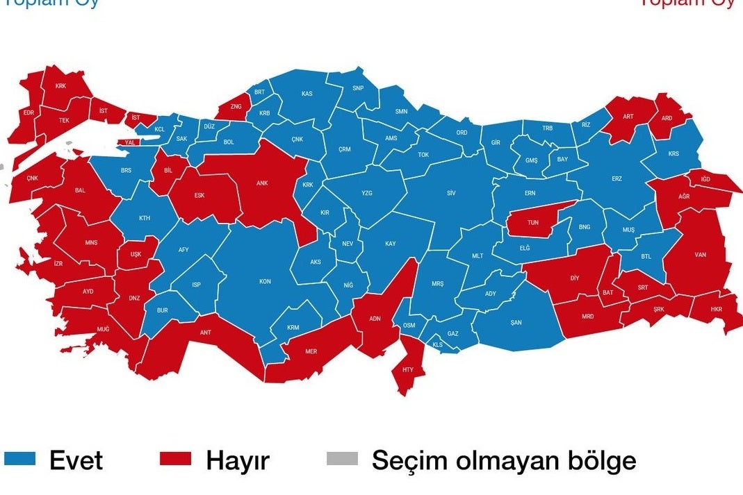 Map showing breakdown of "Yes" (Evet) and "No"(Hayır) votes in Turkey's regions (@EuropeElects )