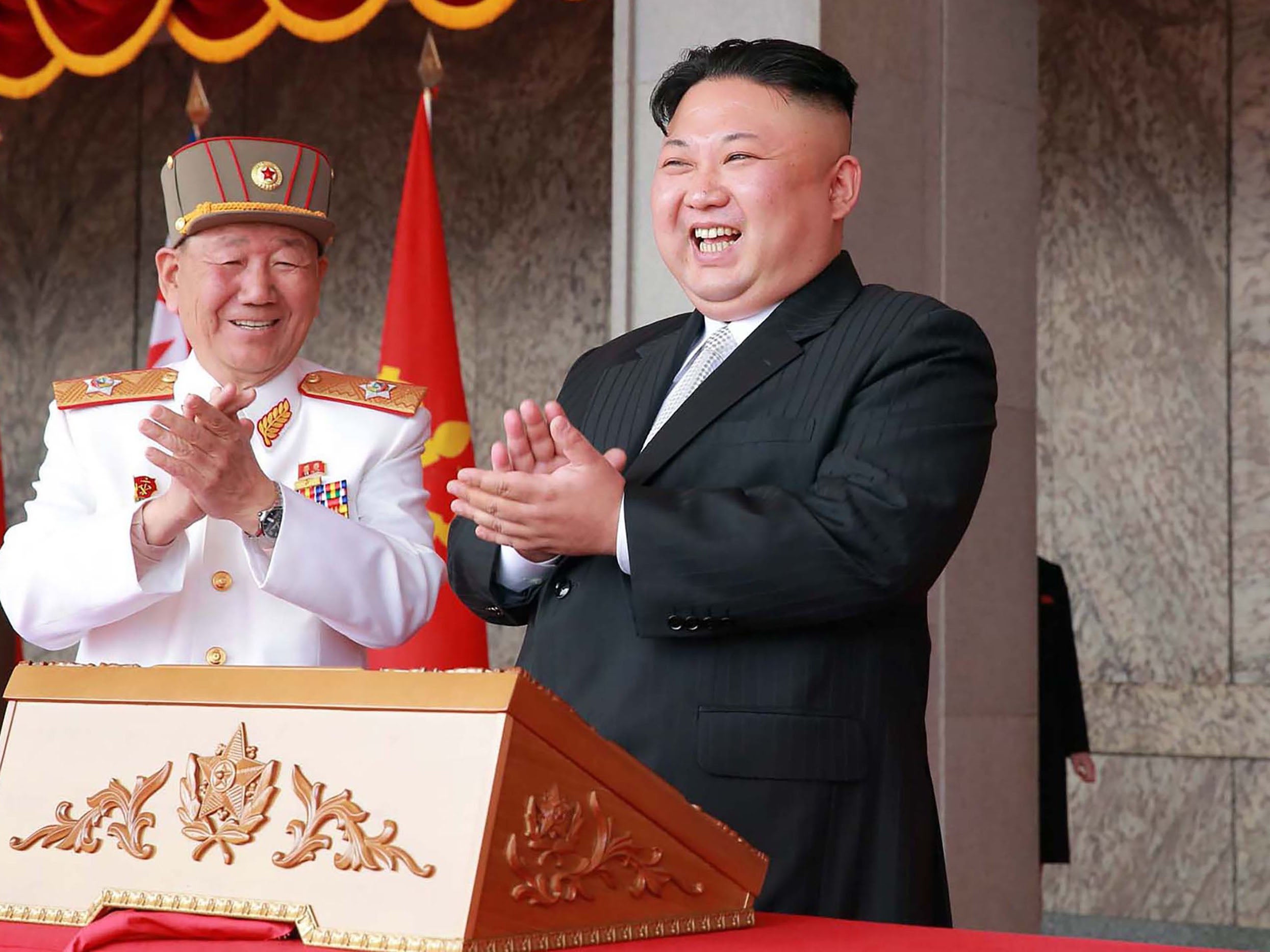 North Korean leader Kim Jong-un attending a military parade in Pyongyang marking the 105th anniversary of the birth of late North Korean leader Kim Il-Sung