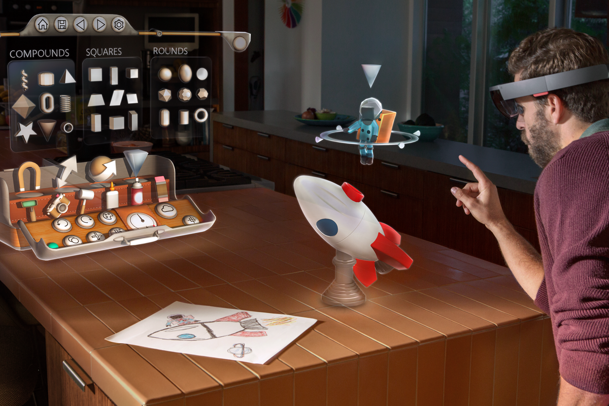 Microsoft's futuristic HoloLens goggles provide an early look at Facebook's goal.