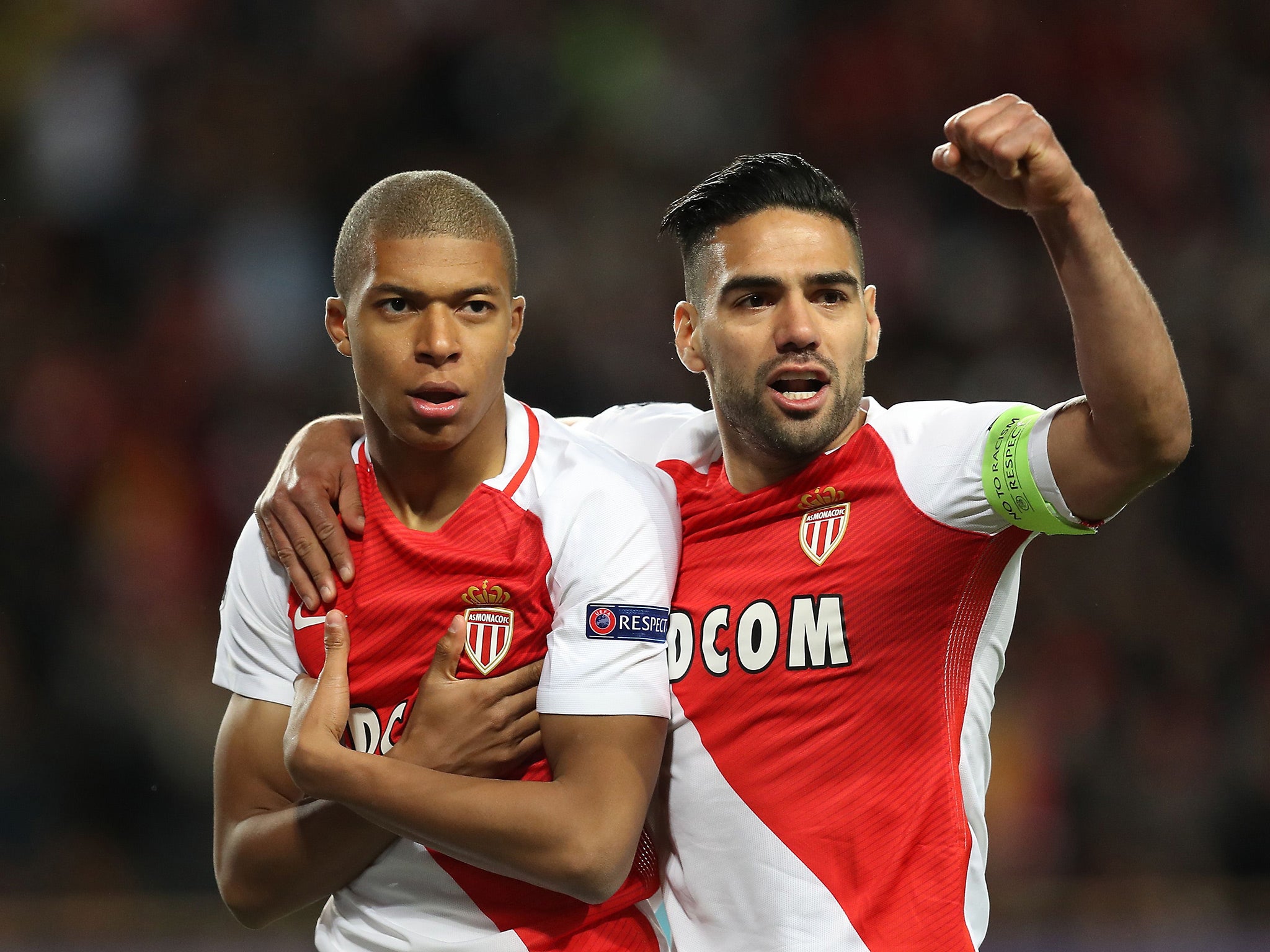 Kylian Mbappe celebrates opening the scoring with Falcao