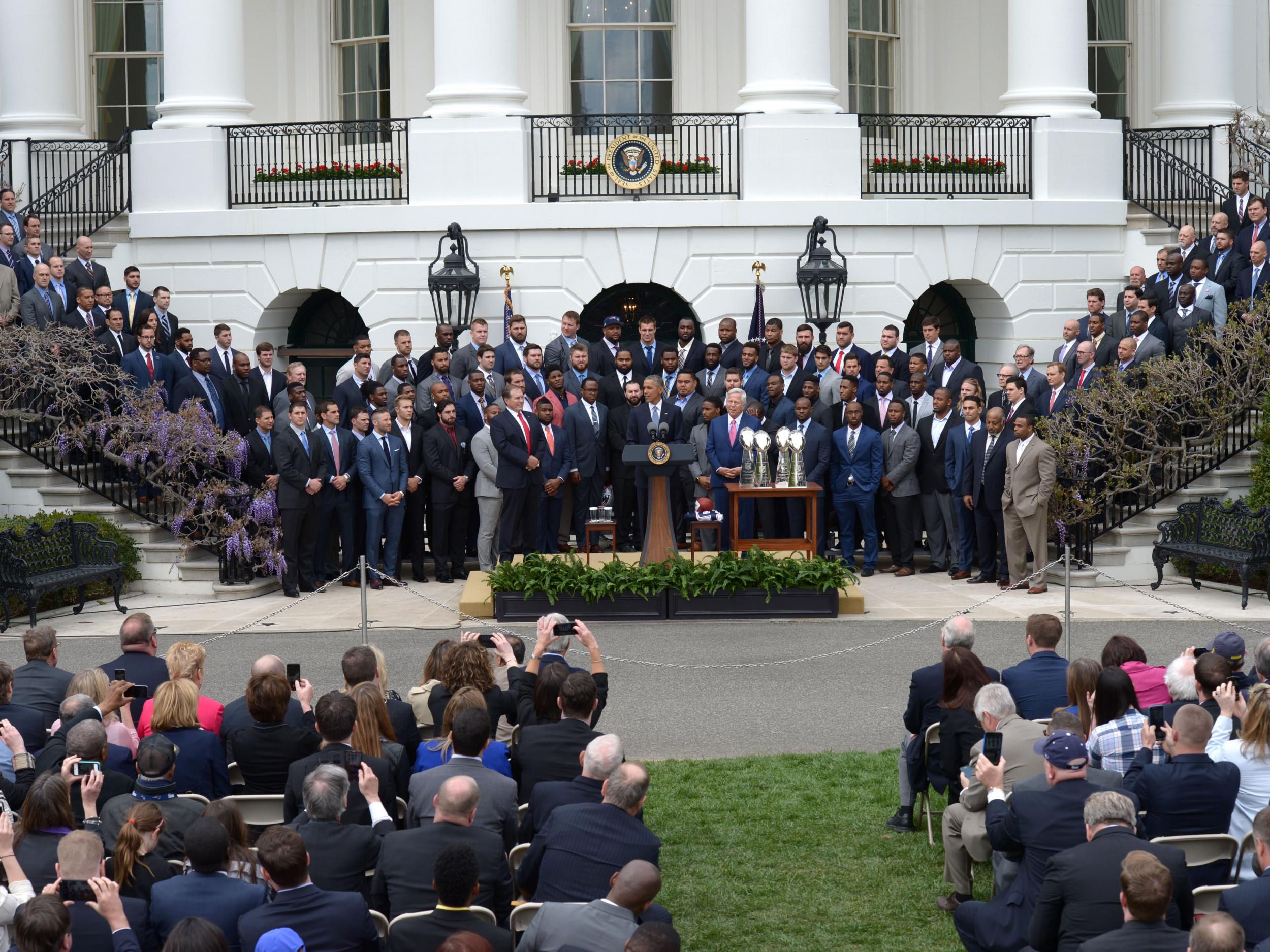 Then US President Barack Obama hosts Super Bowl Champions the New England Patriots at the White House on April 23 2015 with the full team in attendance - a stark contrast to this year's event