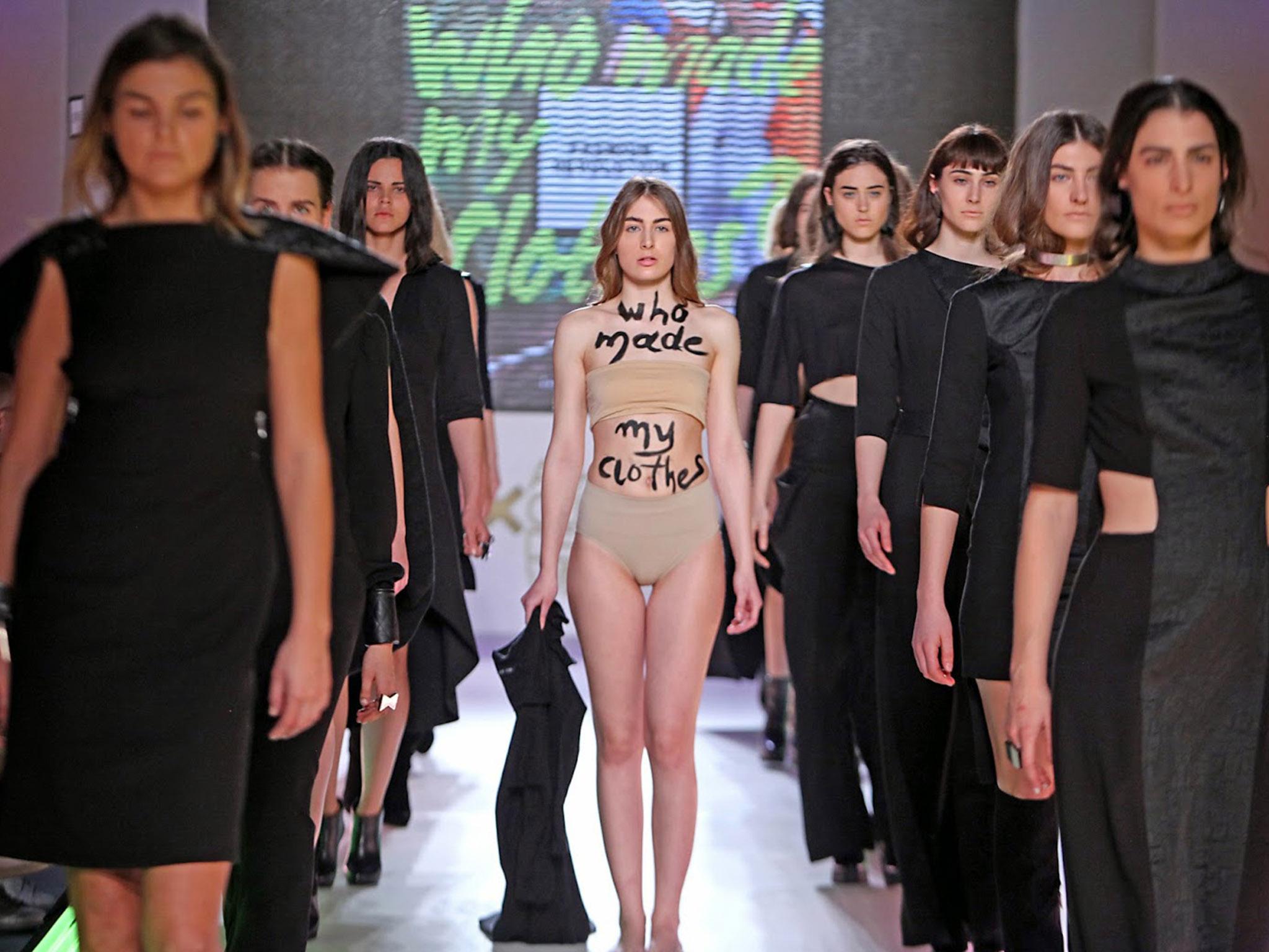 Greek fashion designer Athena Korda ends her collection with the slogan ‘who made my clothes’