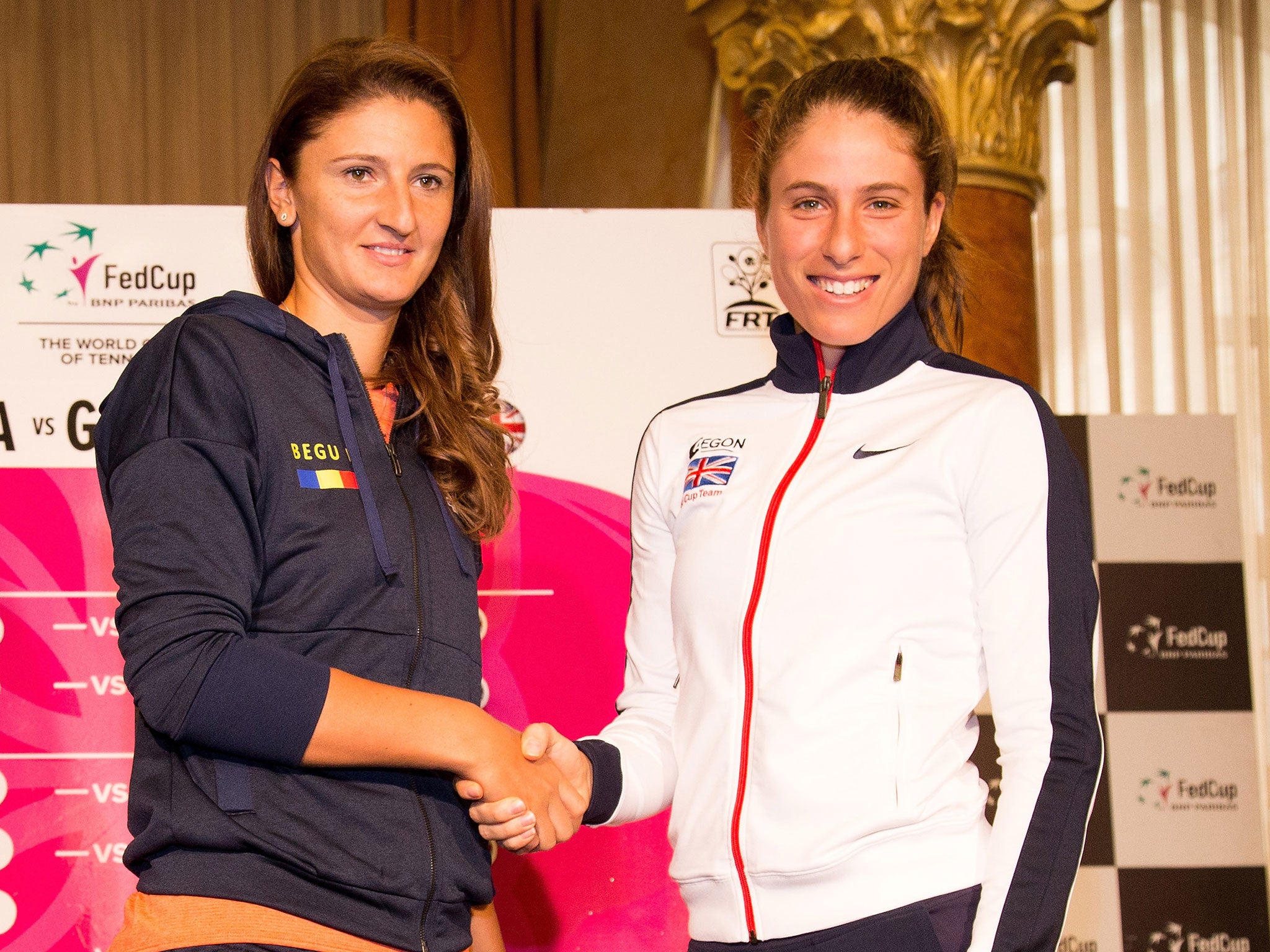 Johanna Konta and Romania's Irina-Camelia Begu together before Saturday's matches