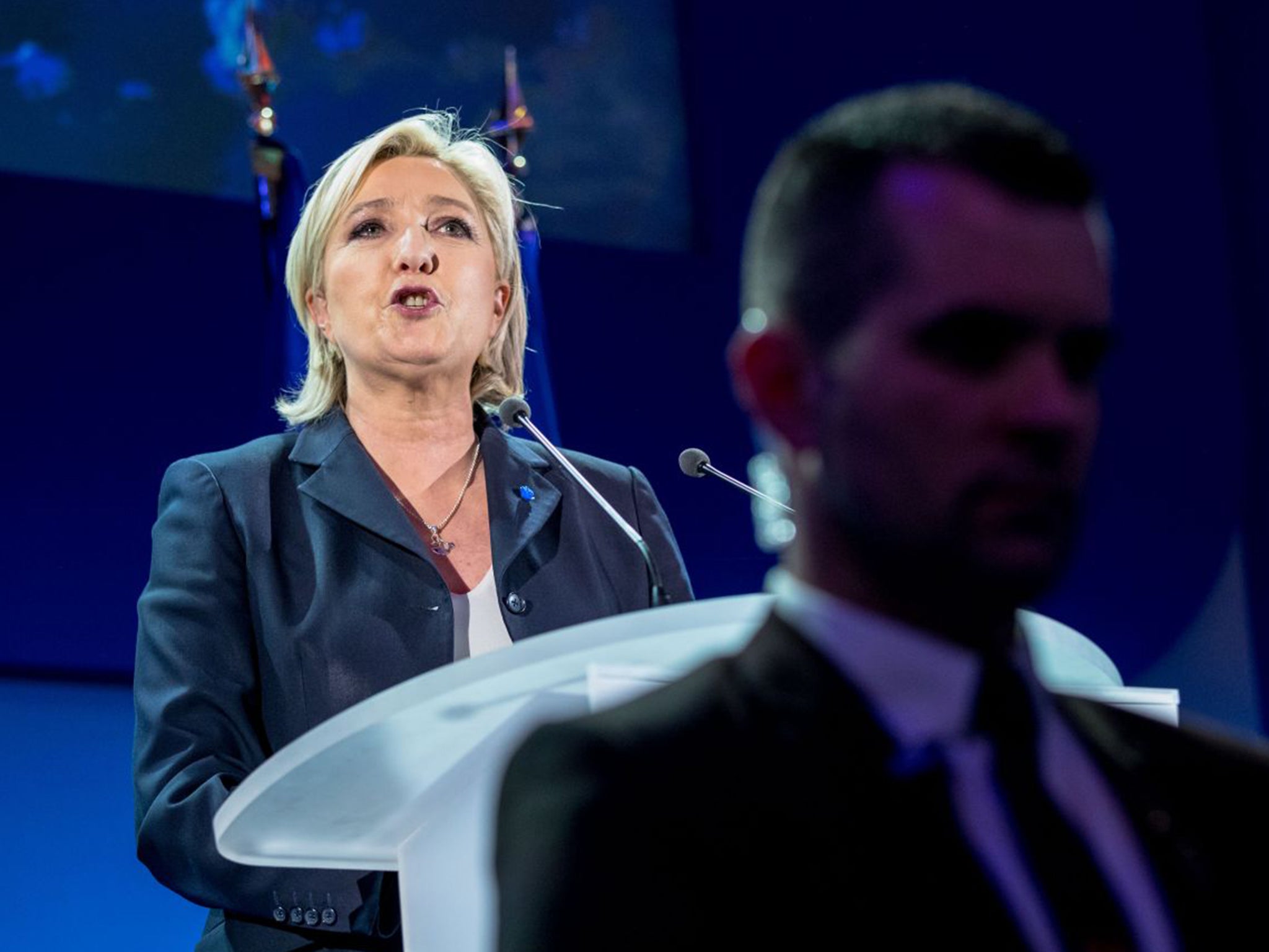 A triumphant Marine Le Pen addresses her supporters in northern France on Sunday