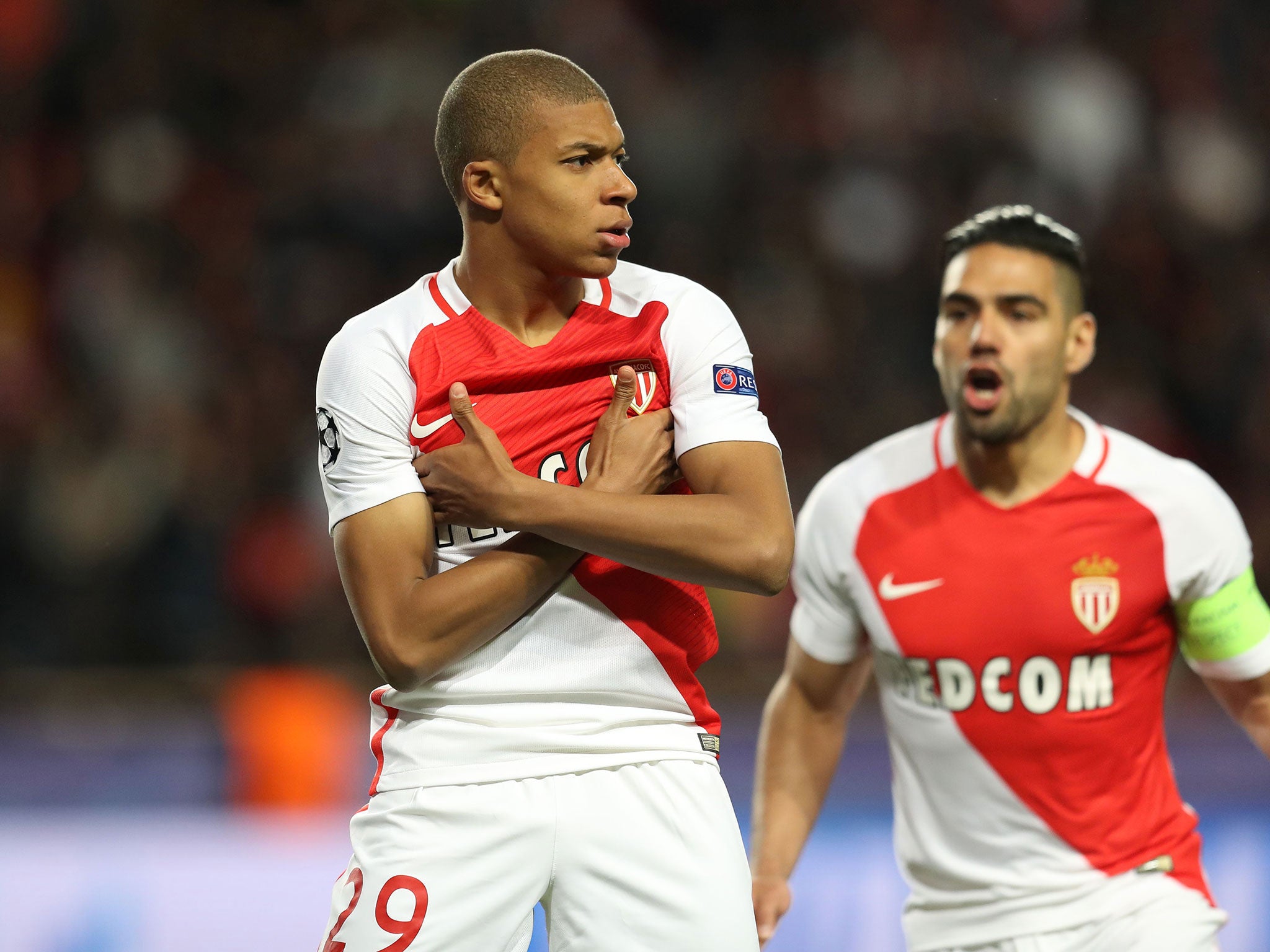 Mbappe celebrates after scoring in Monaco's recent Champions League victory against Borussia Dortmund