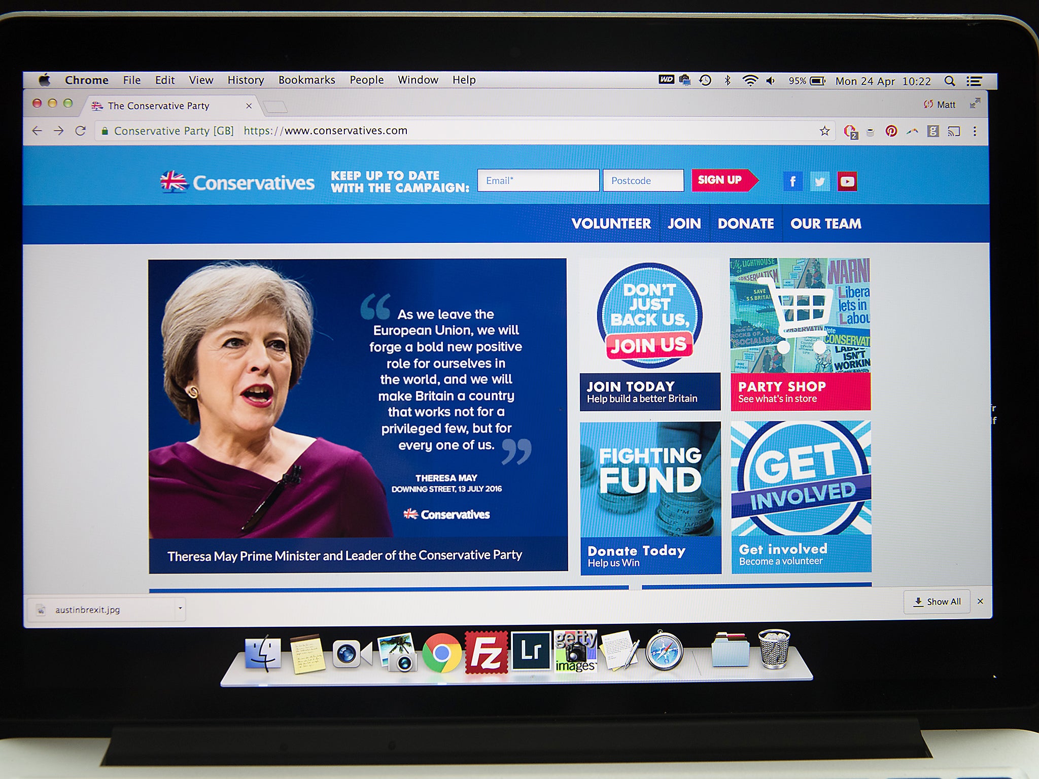 The Conservative Party website, displayed on a laptop. The use of digital marketing and social media platforms such as Facebook and Twitter are likely to play and important role in the forthcoming general election (Getty)