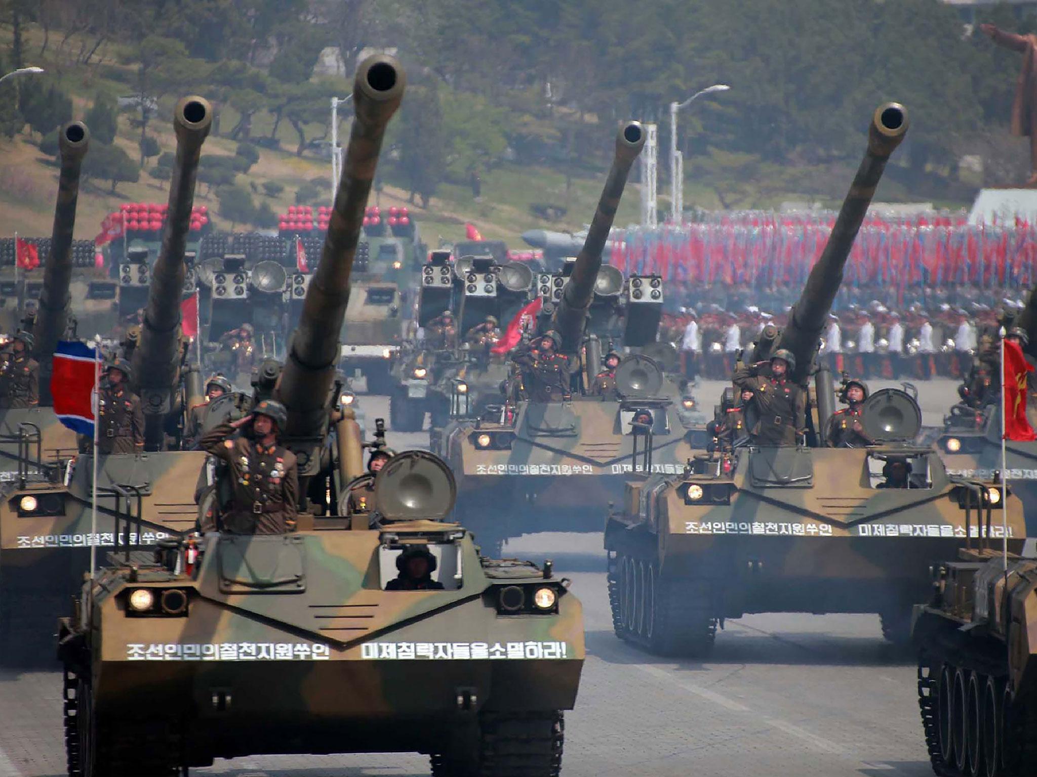 Korean People's howitzers displayed in Kim Il-sung square during a military parade in Pyongyang