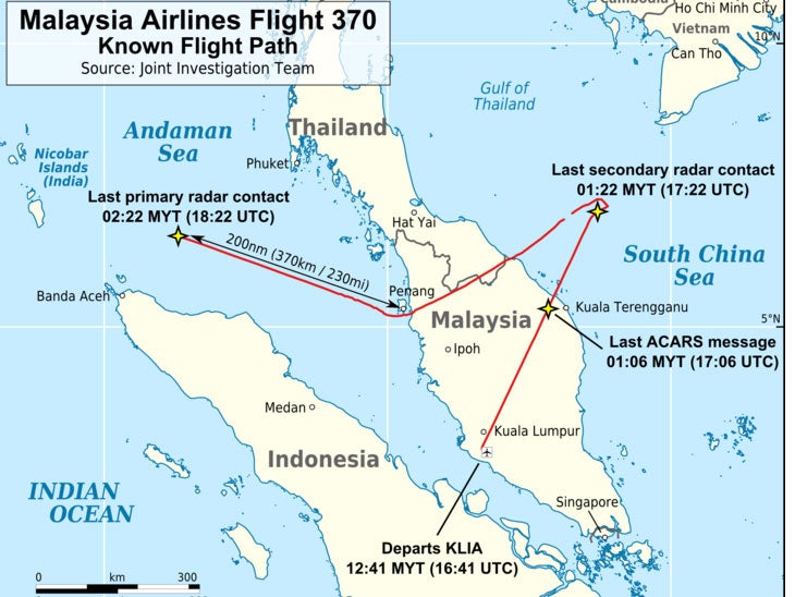 The last known movements of MH370