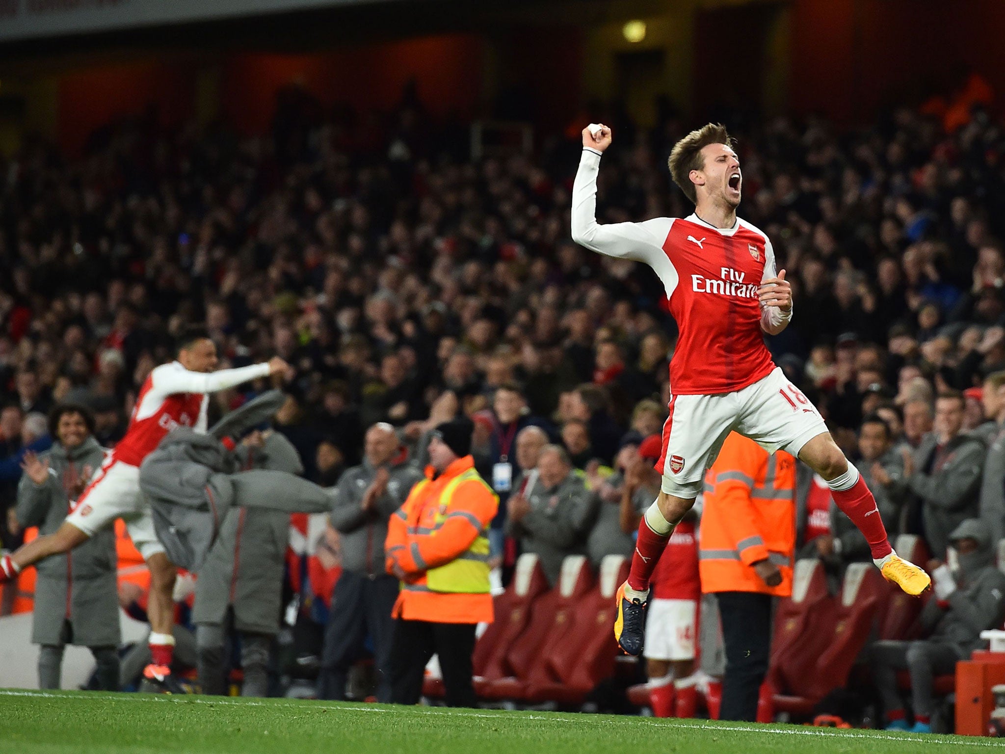 Nacho Monreal celebrates his winner for Arsenal