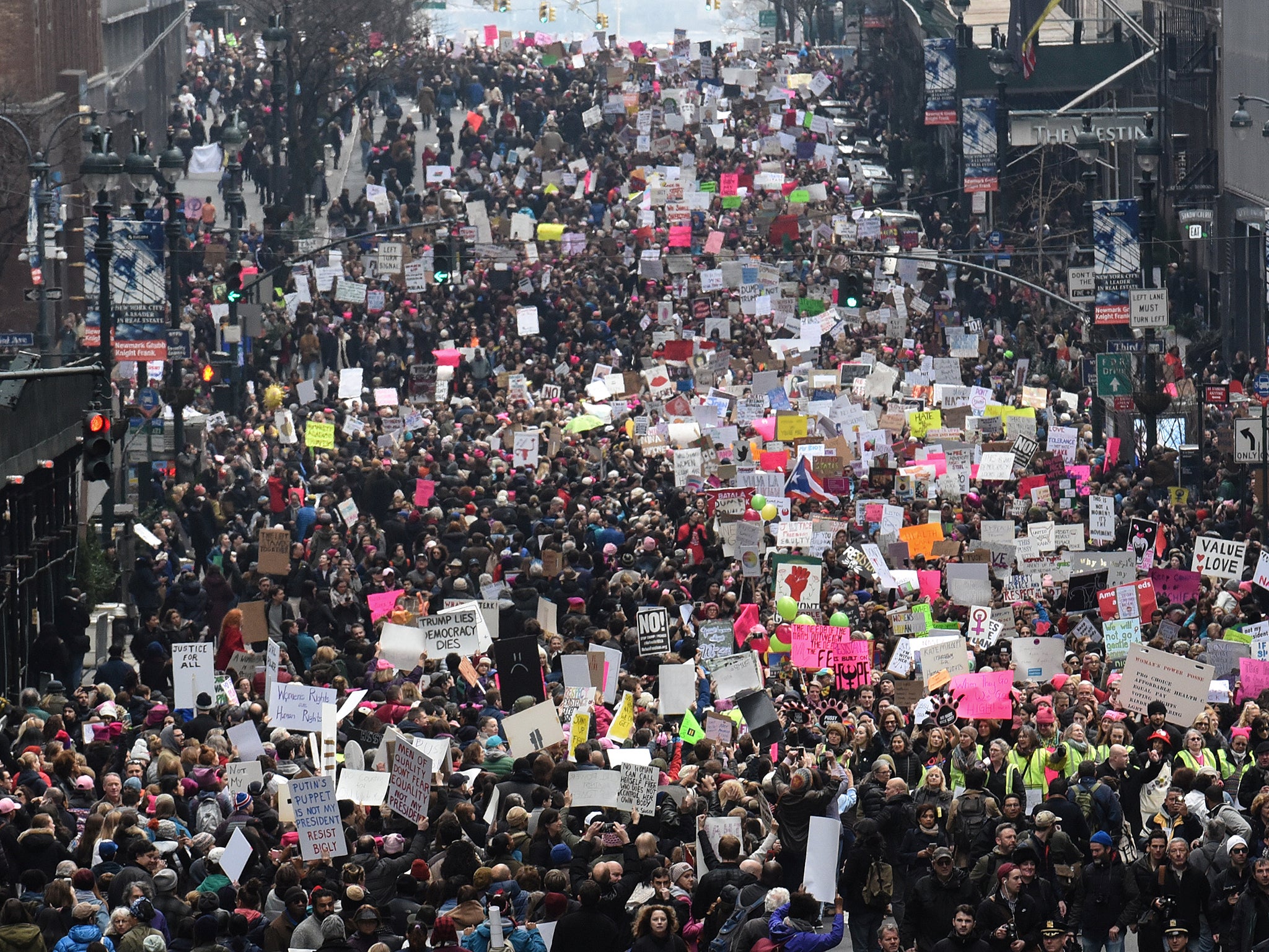 A Women's March against Trump in New York in January - one of hundreds he has inspired around the world