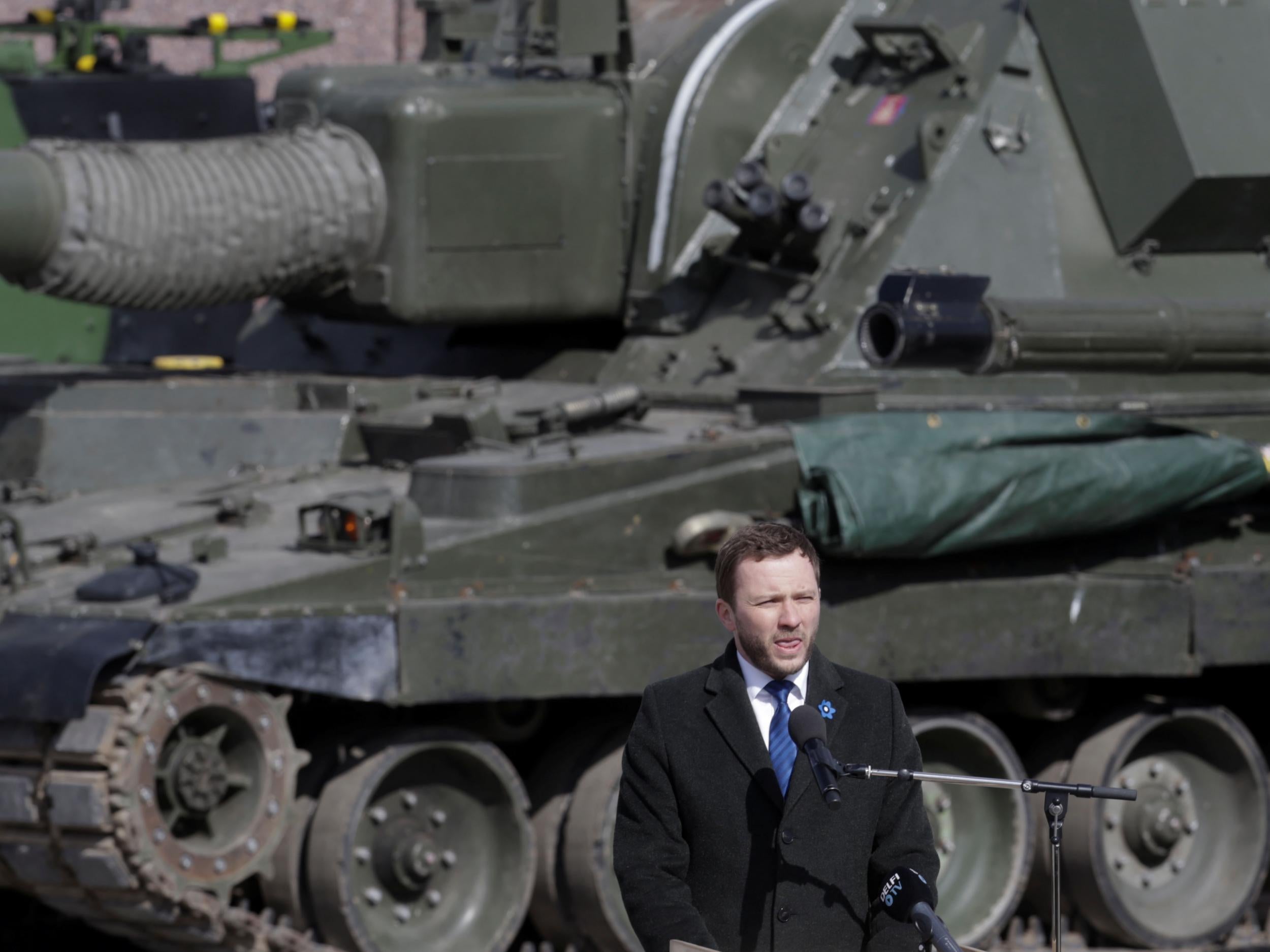 Estonia’s Defence Minister Margus Tsahkna speaks during the official ceremony welcoming the deployment of a multi-national Nato battalion in Tapa