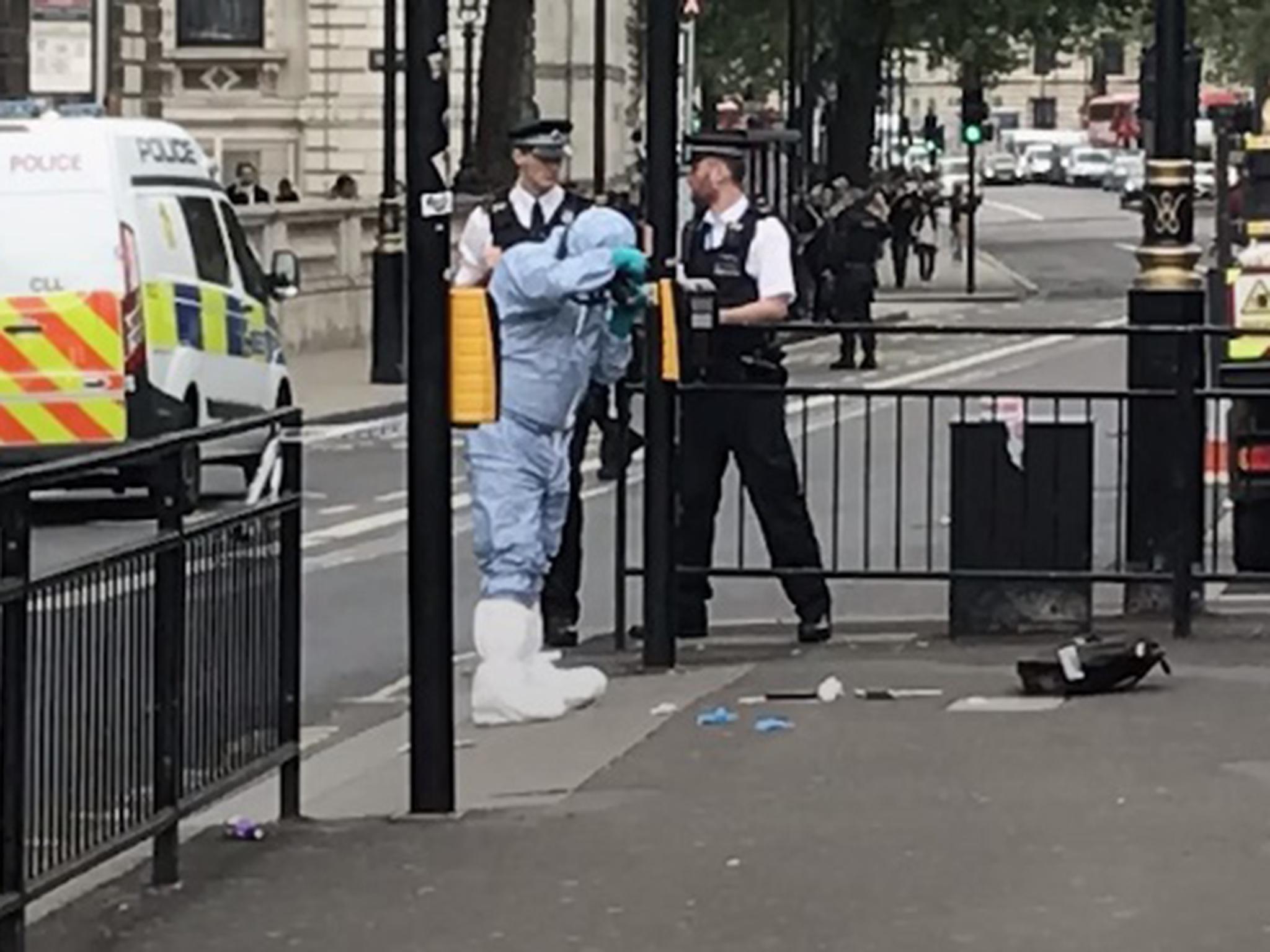 Police examine items on the ground in Whitehall