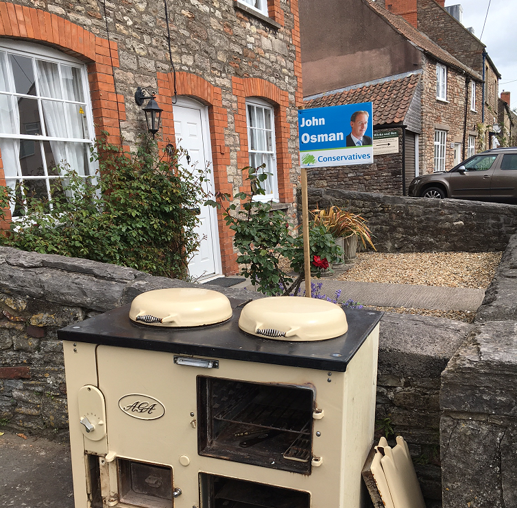 Wells: a discarded Aga and a Tory poster for Somerset county council elections on Thursday. Photo: John Rentoul