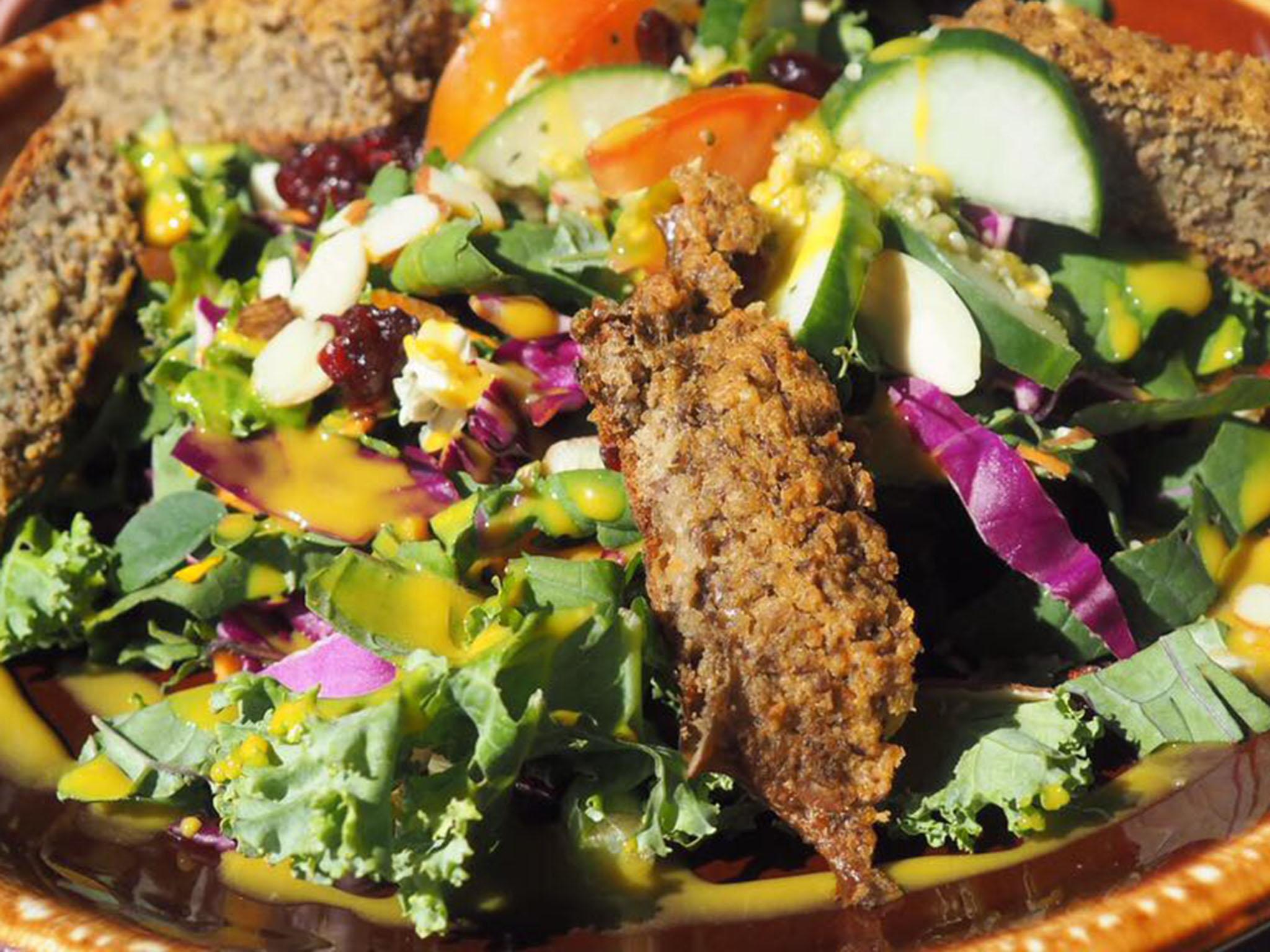 The veggie pattie is made from chickpeas, split pea and lentils and there are more than seven ingredients in the salad