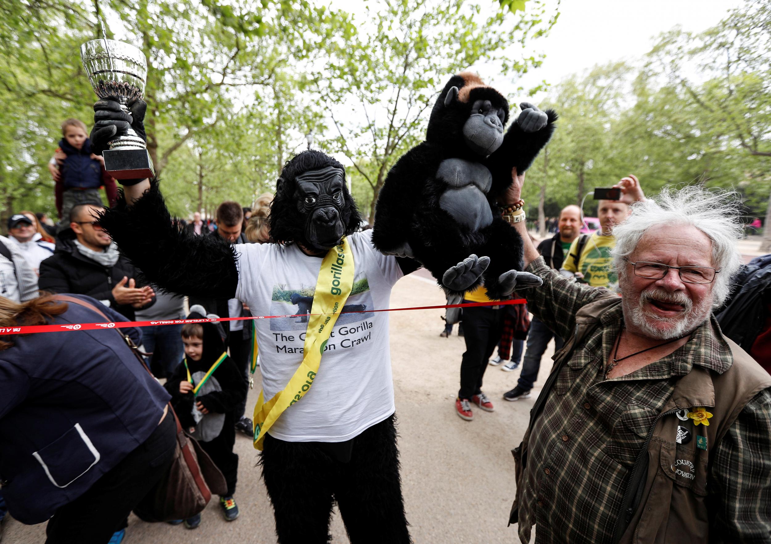 Charity event competitor Tom Harrison crosses the line at the London Marathon finish line on the Mall, dressed in a gorilla outfit to raise money for the Gorilla Foundation