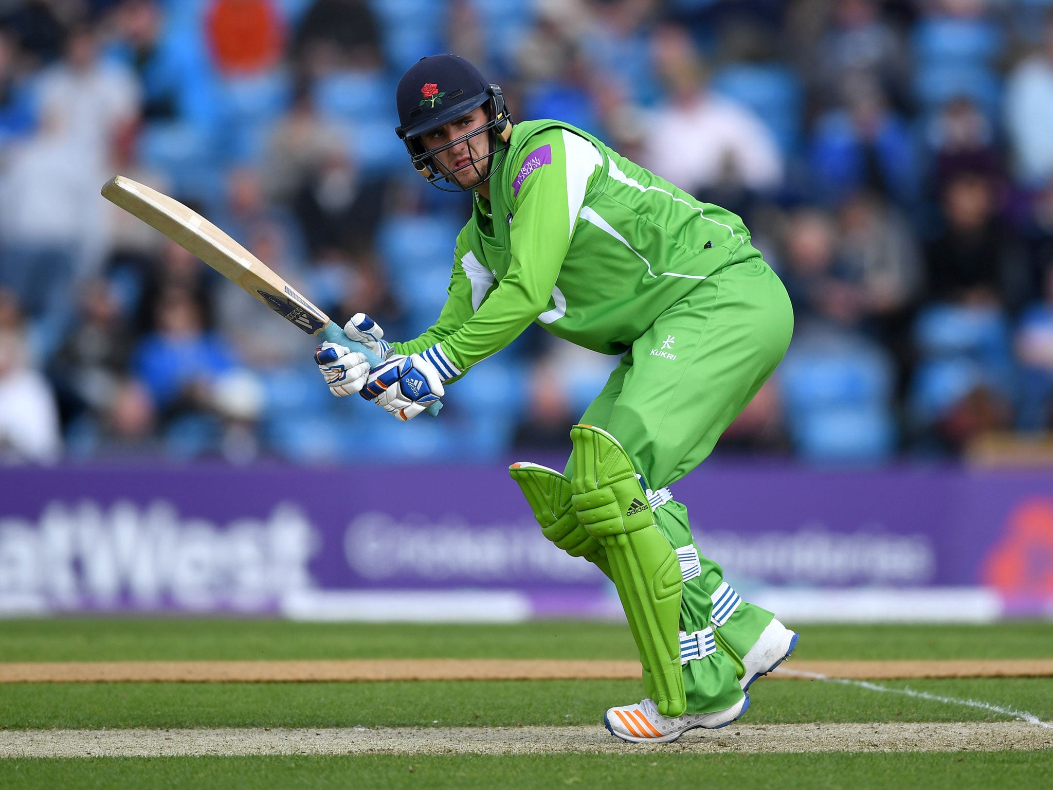 Liam Livingstone plays a shot for Lancashire