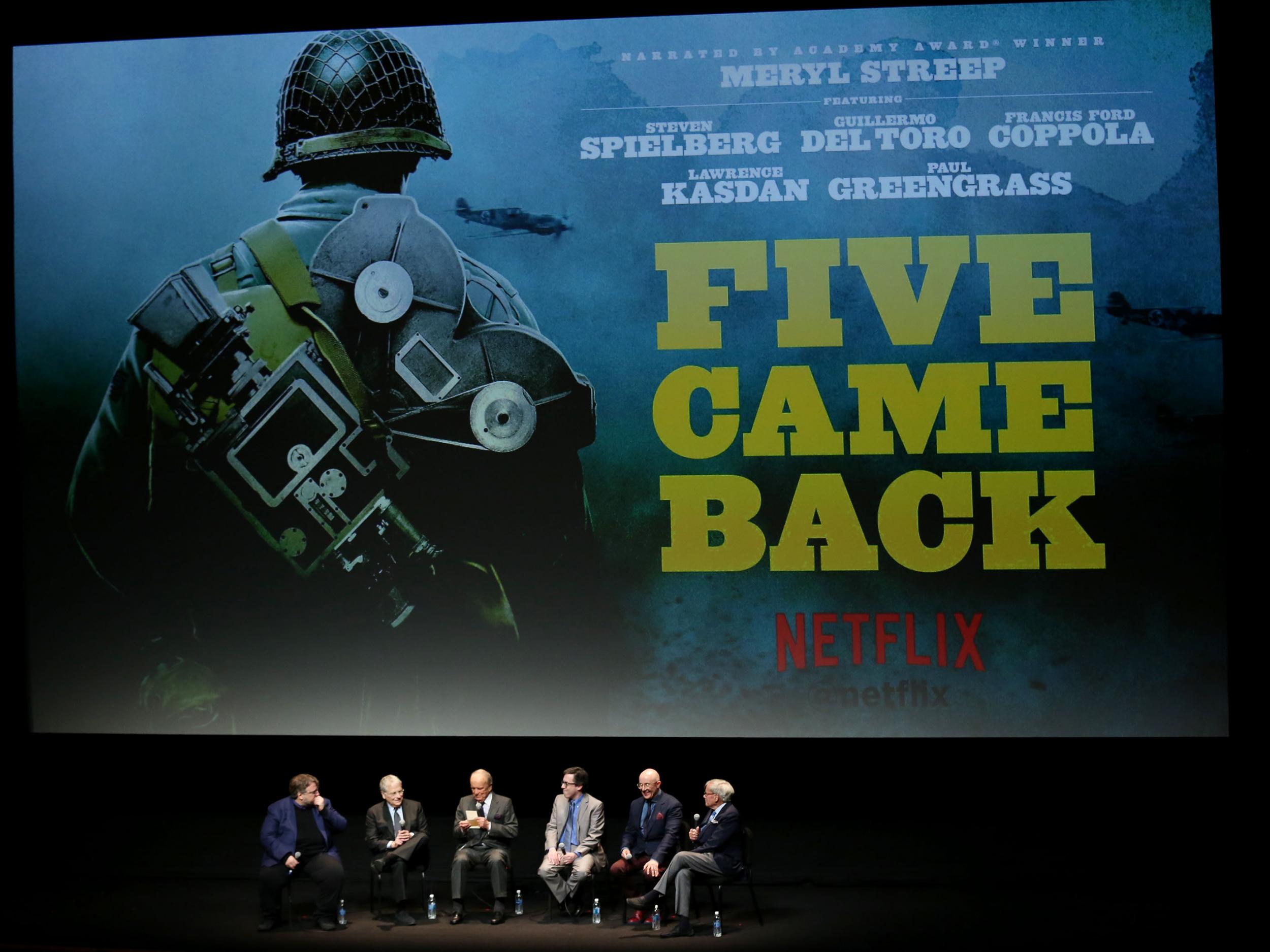 Guillermo Del Toro, Lawrence Kasdan, George Stevens Jr, Mark Harris, producer John Battsek and host Tom Brokaw speak at the world premiere of the Netflix Original documentary series 'Five Came Back' in New York, 27 March 2017