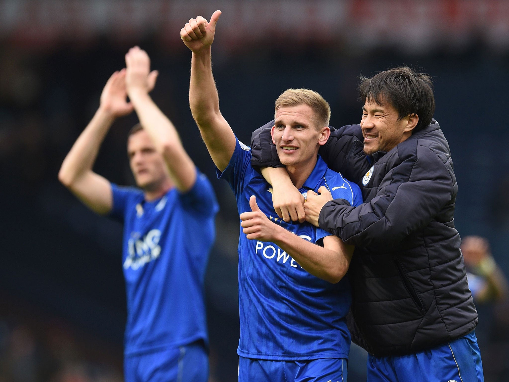Leicester's players celebrate after the recent win at West Brom