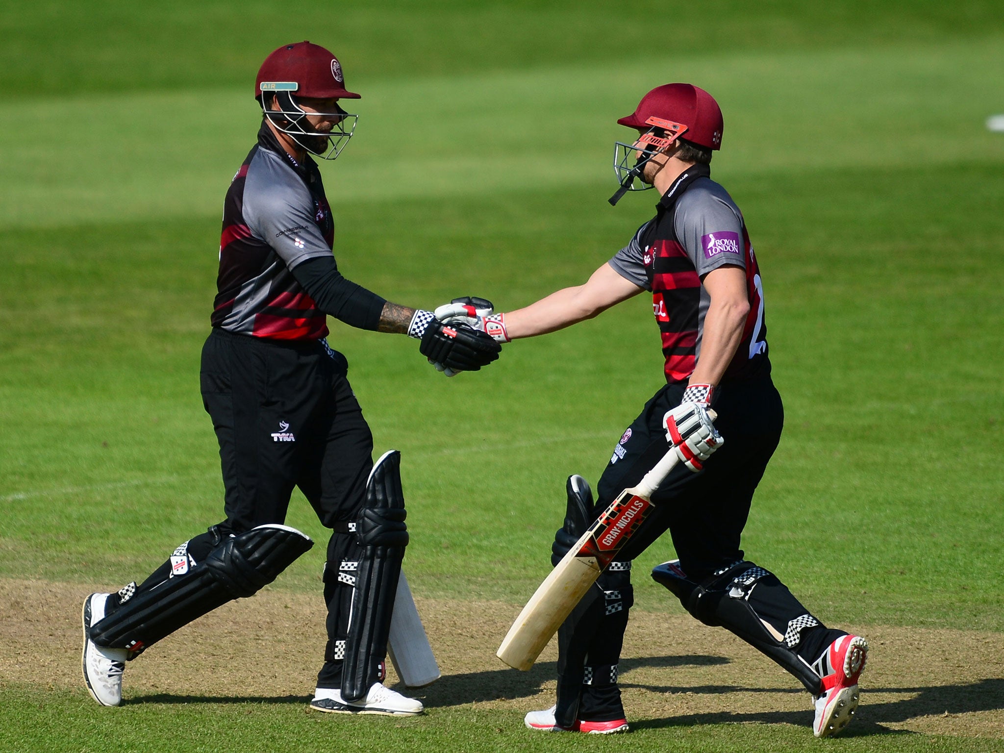 Peter Trego of Somerset (L) celebrates his half century