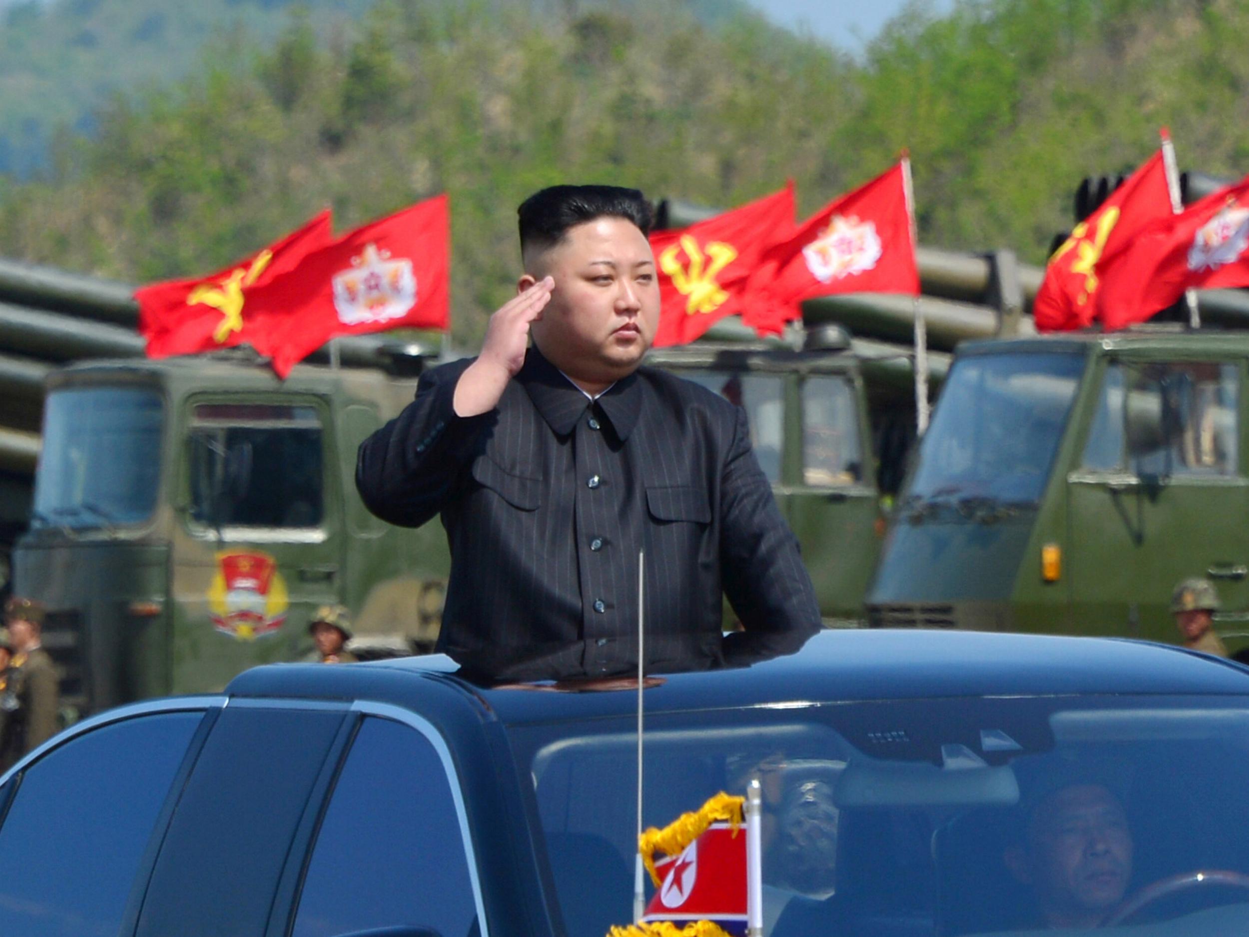 North Korea's leader Kim Jong-un watches a military drill marking the 85th anniversary of the establishment of the Korean People's Army