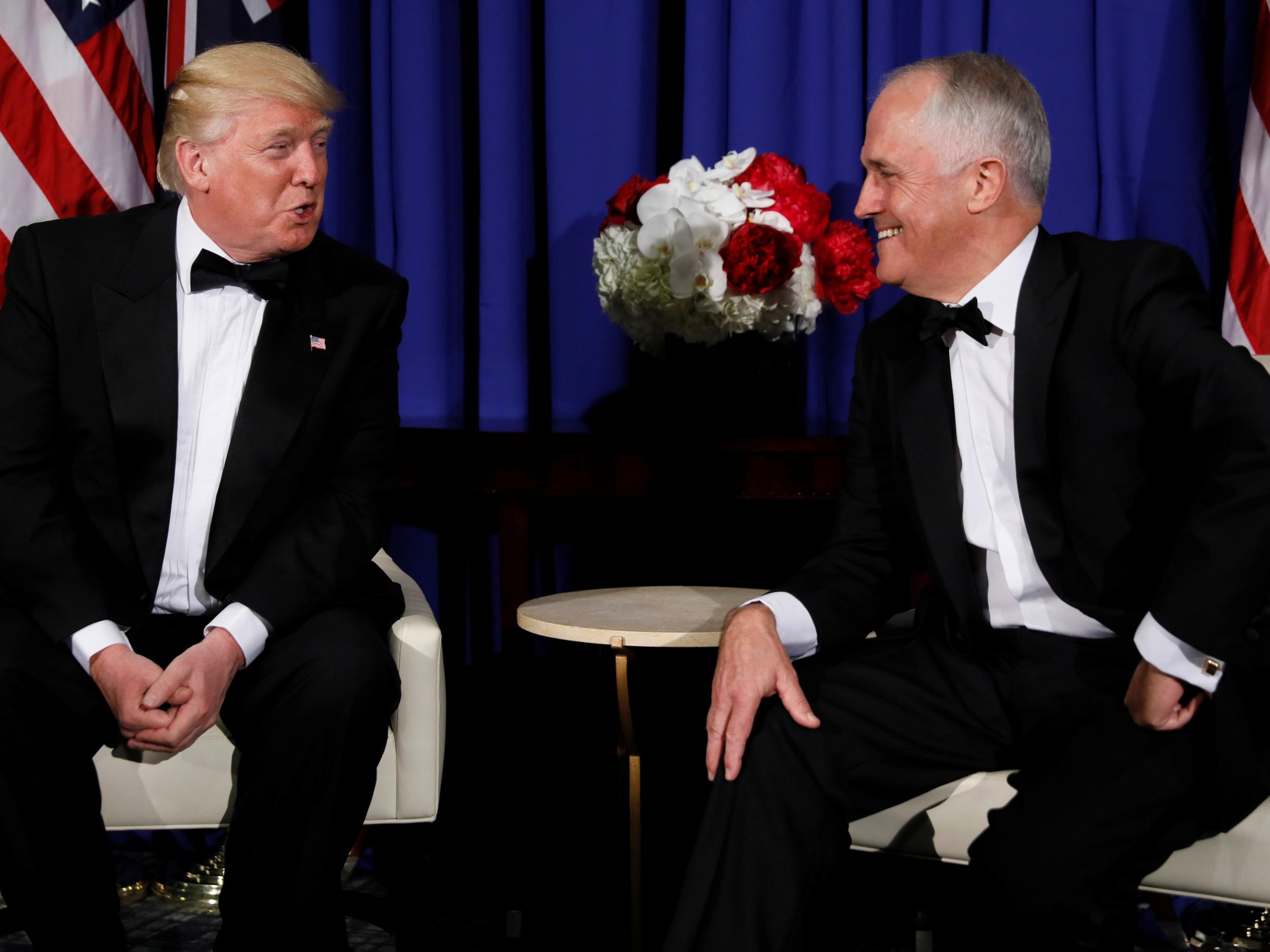 US President Donald Trump and Australia's Prime Minister Malcolm Turnbull deliver brief remarks to reporters as they meet ahead of an event commemorating the 75th anniversary of the Battle of the Coral Sea, aboard the USS Intrepid Sea, Air and Space Museum in New York