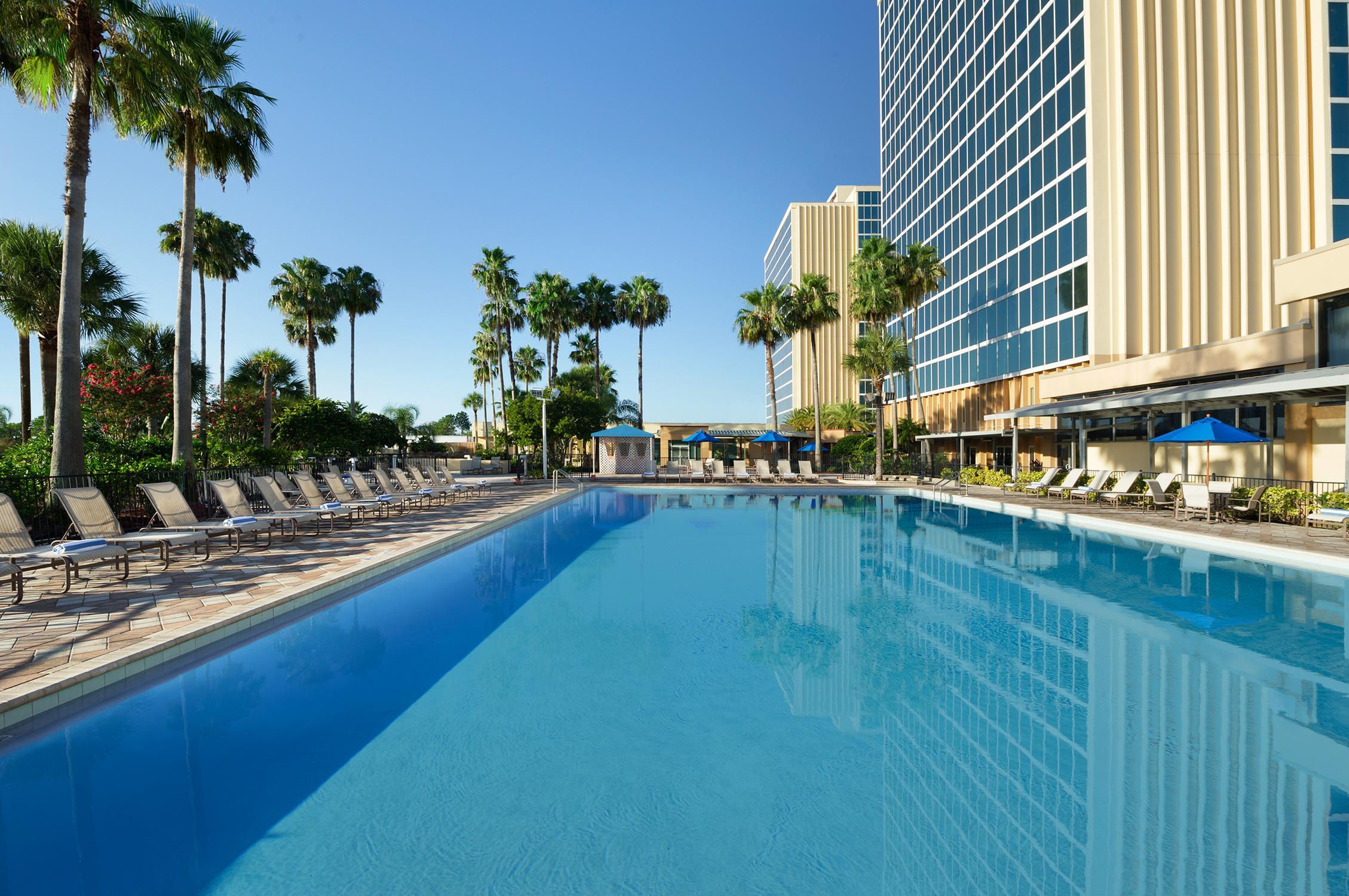 The DoubleTree has rooms overlooking the Universal Studios Florida park
