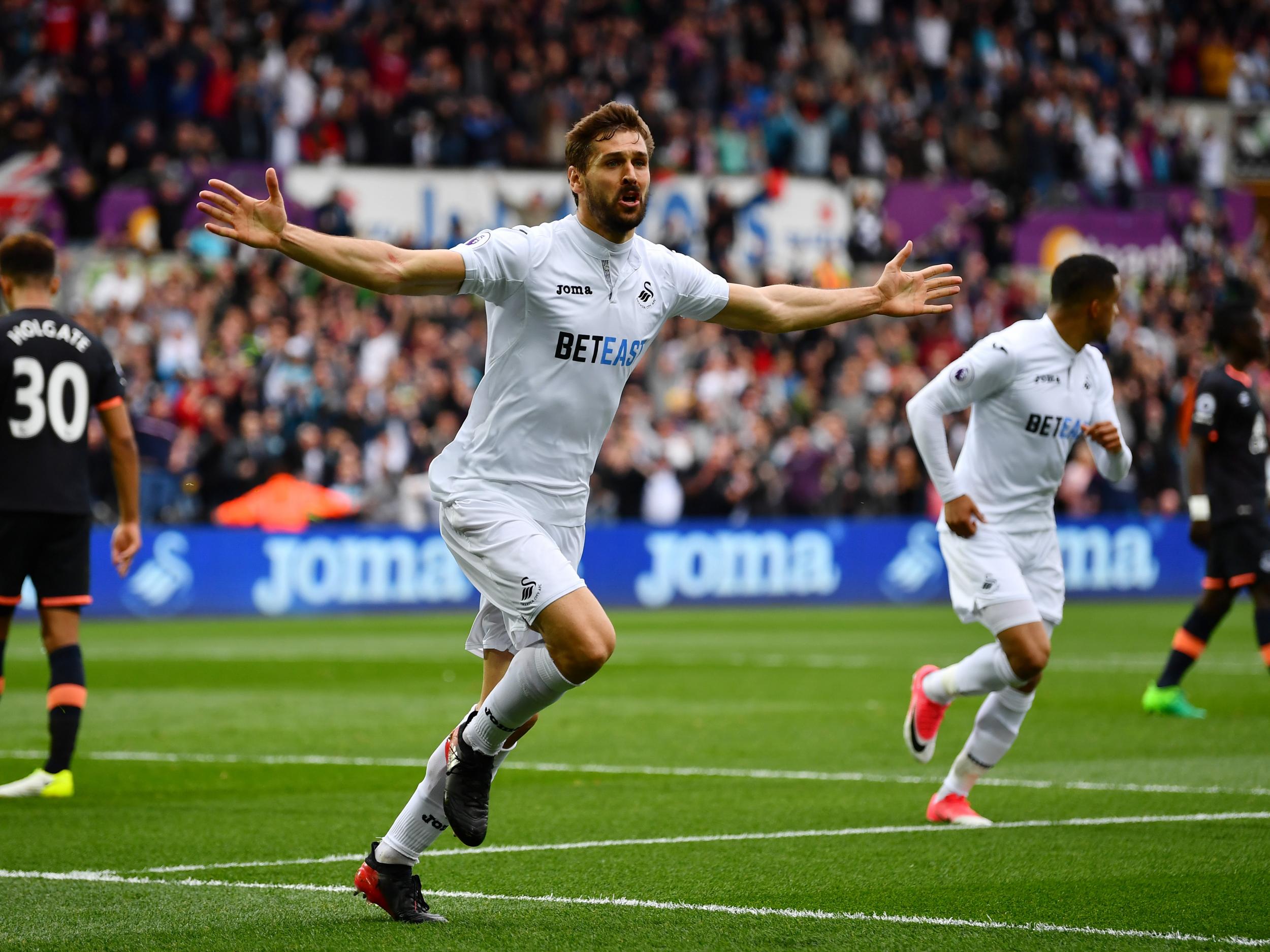 Llorente celebrates opening the scoring at the Liberty Stadium