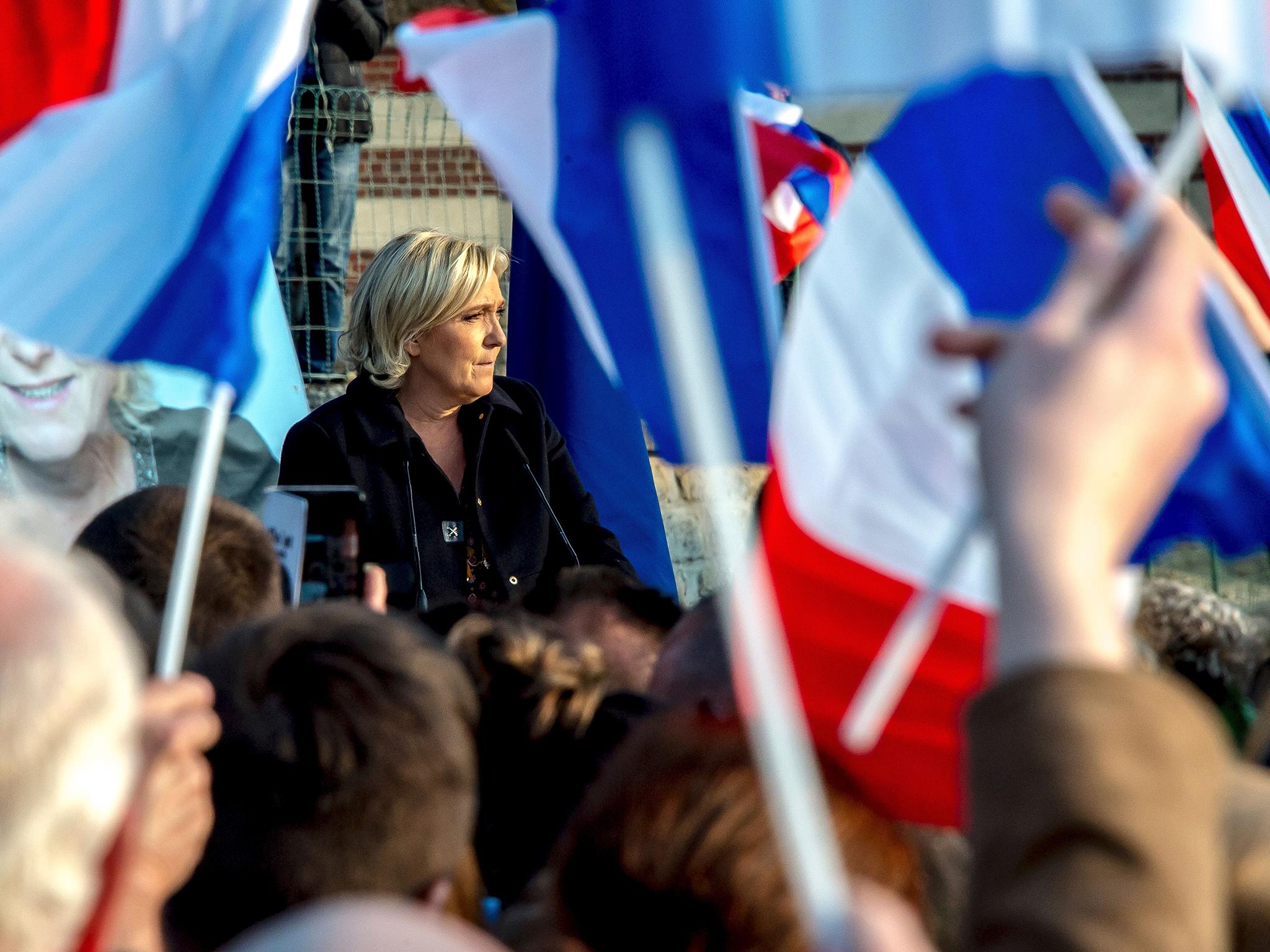 Marine Le Pen at a campaign meeting in Ennemain, northern France, on Thursday