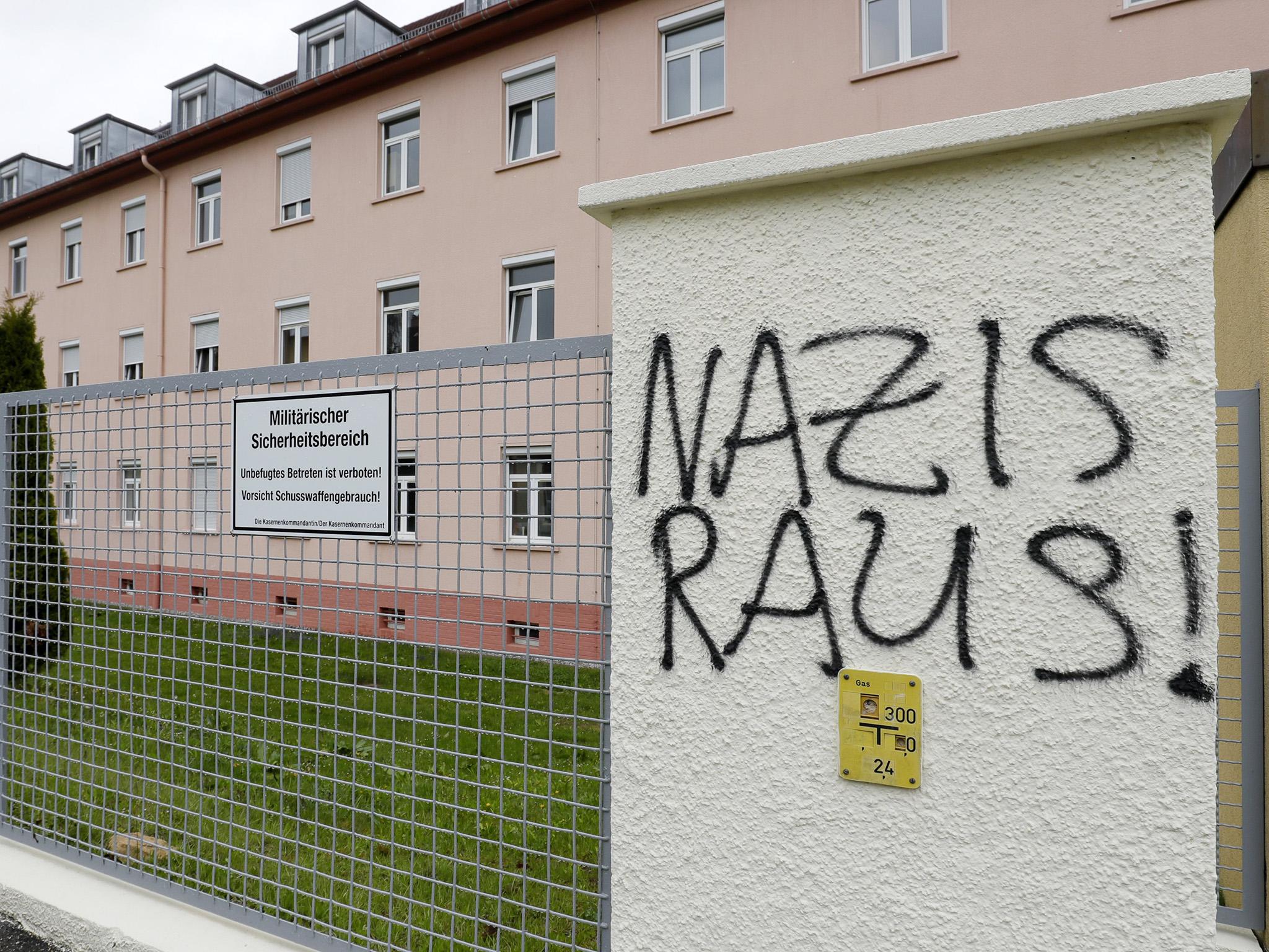 ‘Nazis out!’ daubed on a fence near the main gate of the Fürstenberg barracks in Donaueschingen