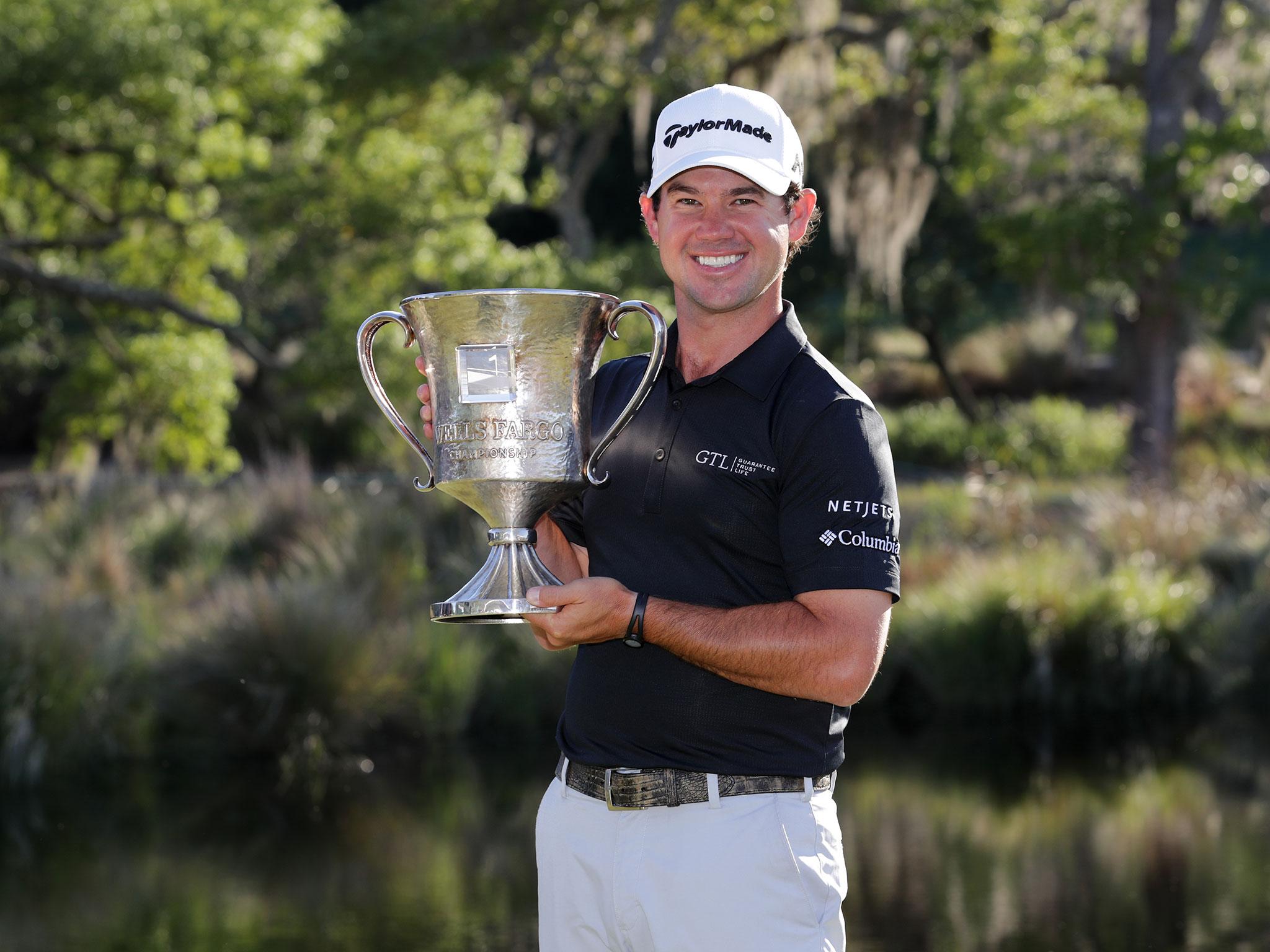 Brian Harmon celebrates winning the Wells Fargo Championship