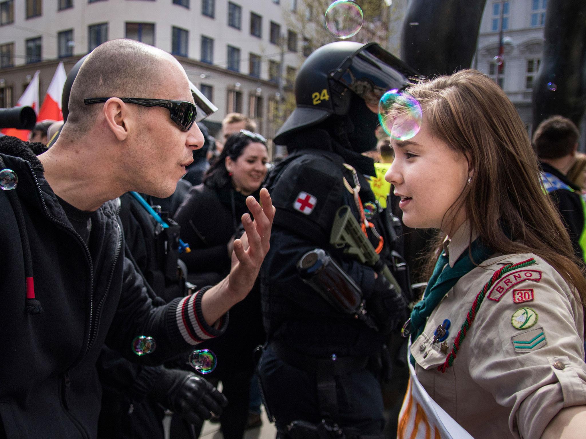 Lucie Myslikova protests against neo-Nazis in Brno