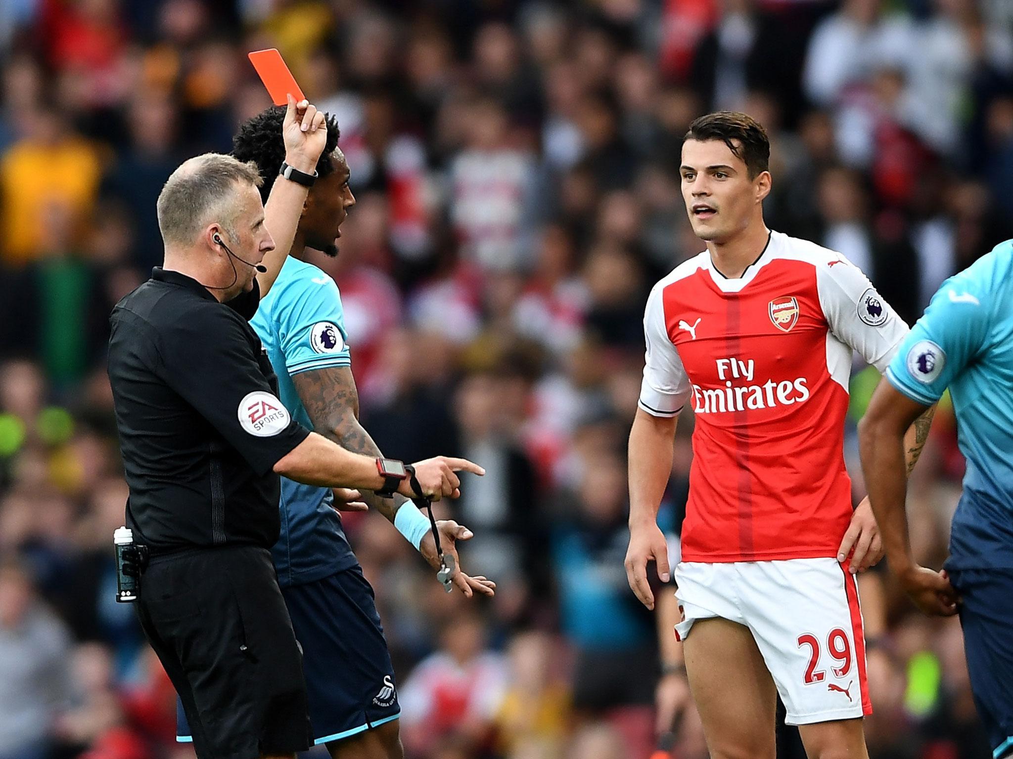 Granit Xhaka has been sent off twice for Arsenal this season