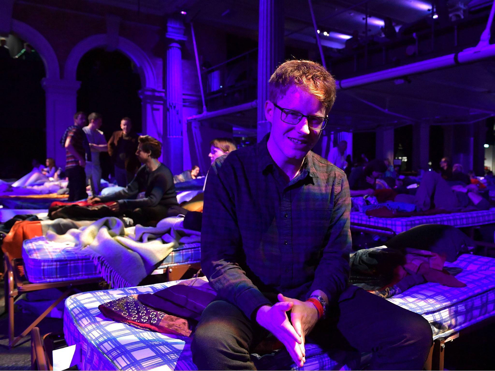 Jamie Milton getting ready for his sleepover at London’s Old Billingsgate for a performance of Max Richter’s ‘Sleep’