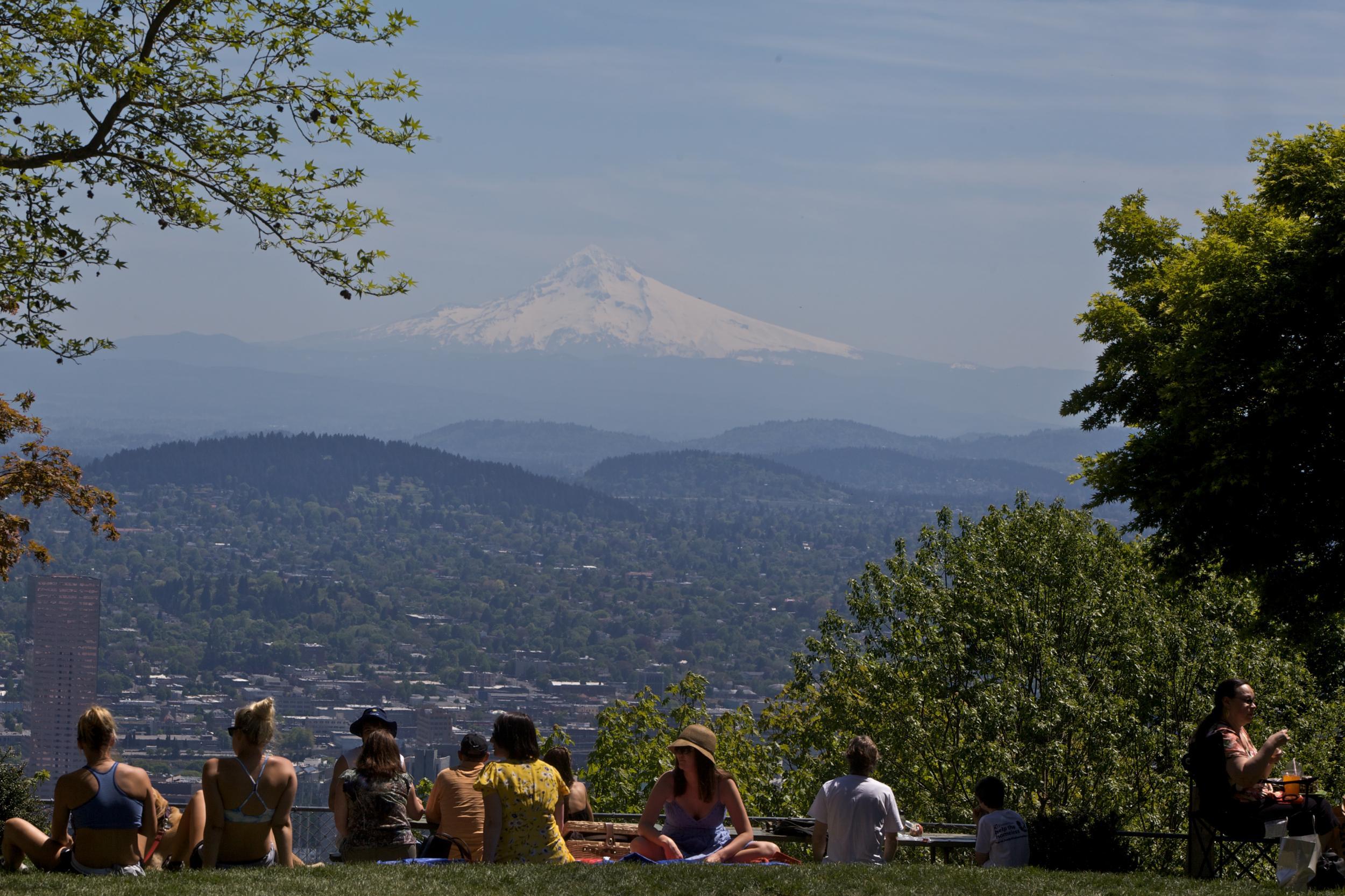 The gardens at Pittock Mansion give great views of Mount Hood on the horizon