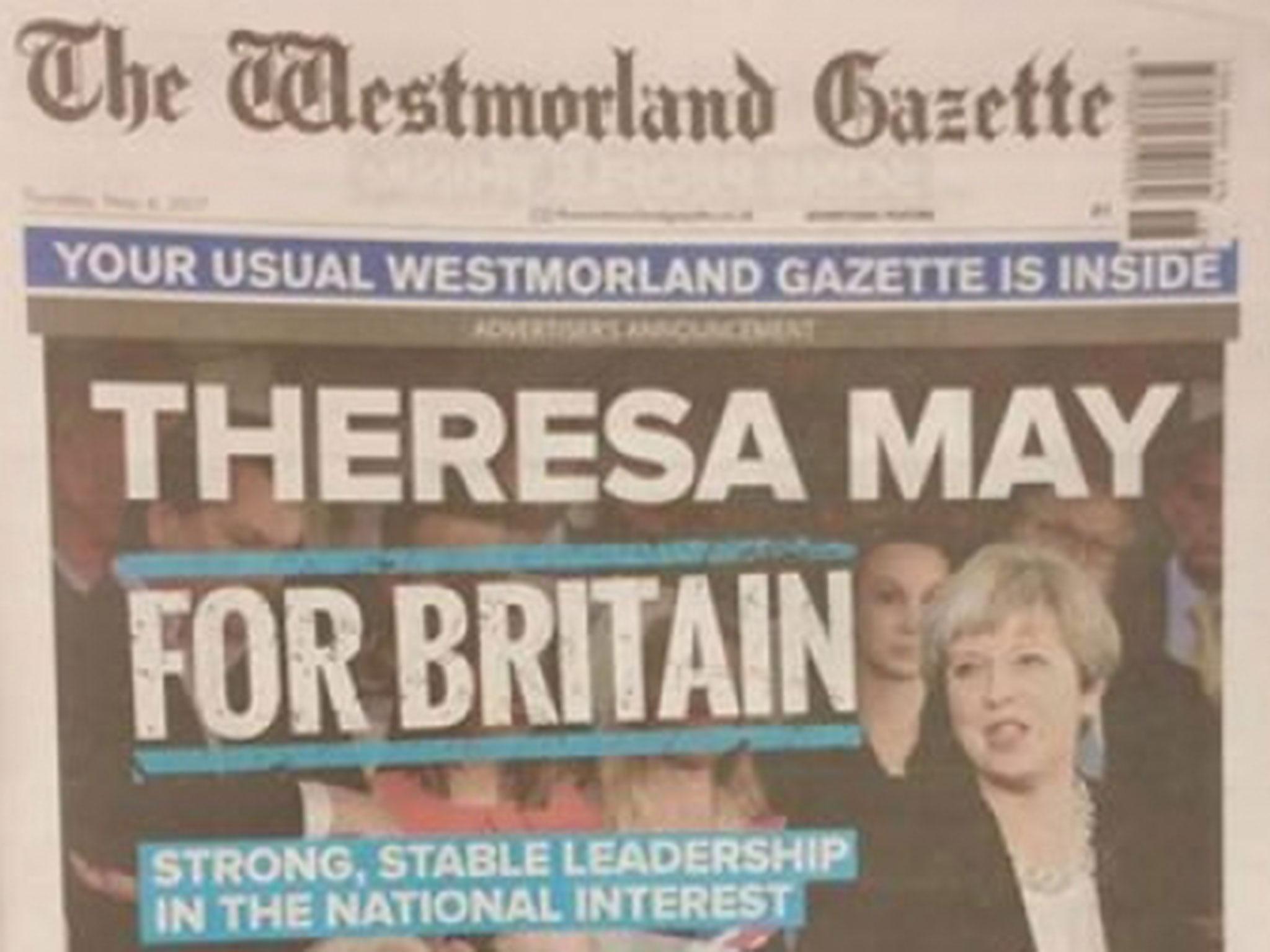 'The Westmorland Gazette' also ran the front-page wraparound advert