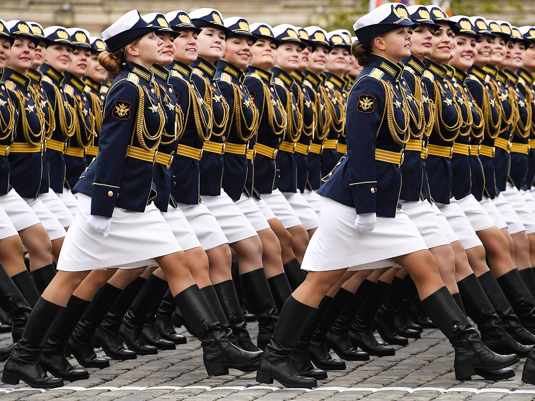 Russian servicewomen march at Red Square during the Victory Day military parade in Moscow