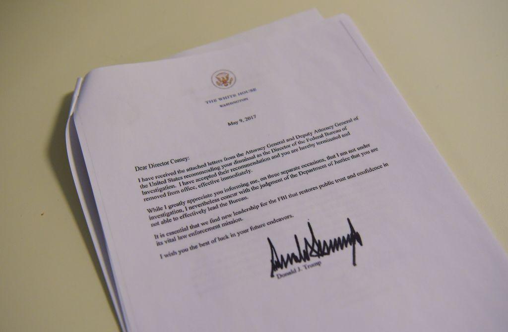 &#13;
A copy of the termination letter to FBI Director James Comey from US President Donald Trump is seen at the White House on May 9, 2017 in Washington, DC. &#13;